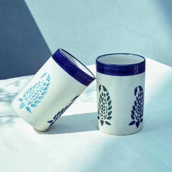     			Rare Planet Leaf Design Ceramic Glasses 200 ml ( Pack of 2 ) Blue