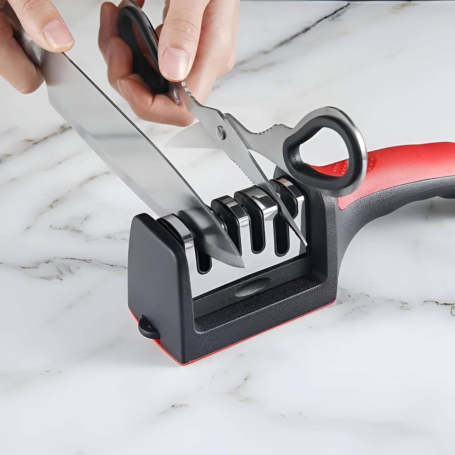     			Shopeleven Manual Red Knife Sharpener 3 Stage Sharpening Tool for Ceramic Knife and Steel Knives
