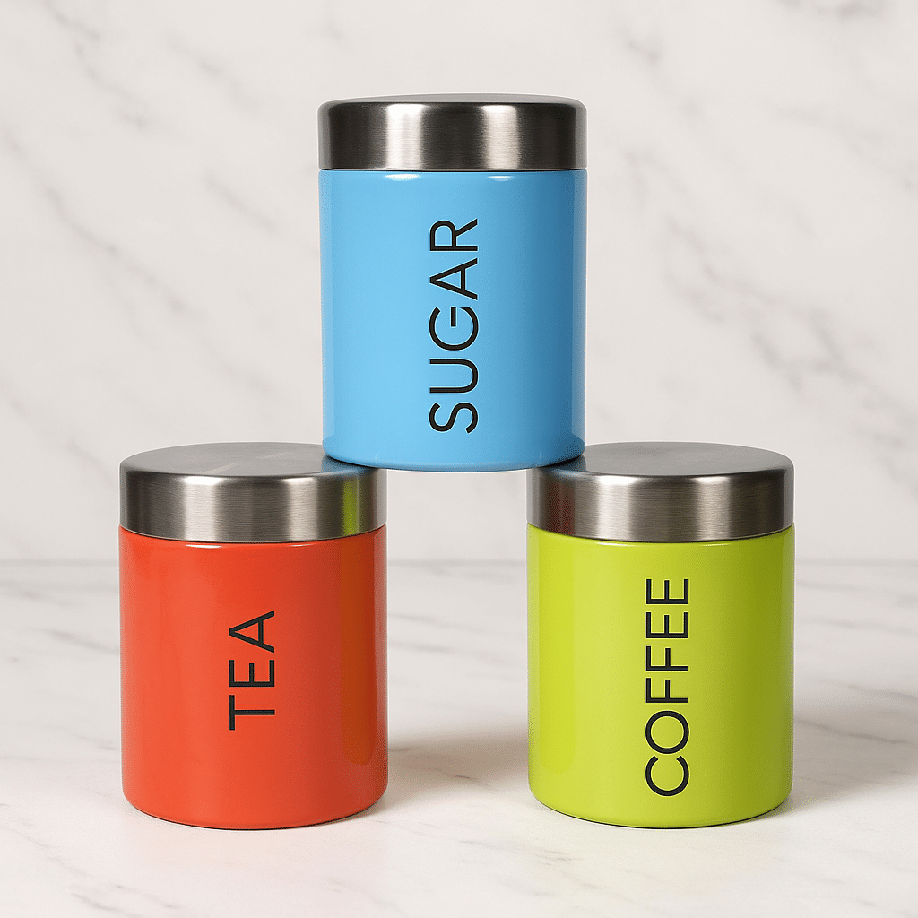 Aquasleri Steel Multicolor Tea/Coffee/Sugar Container ( Set of 3 ) Aquasleri Steel Multicolor Tea/Coffee/Sugar Container ( Set of 3 )