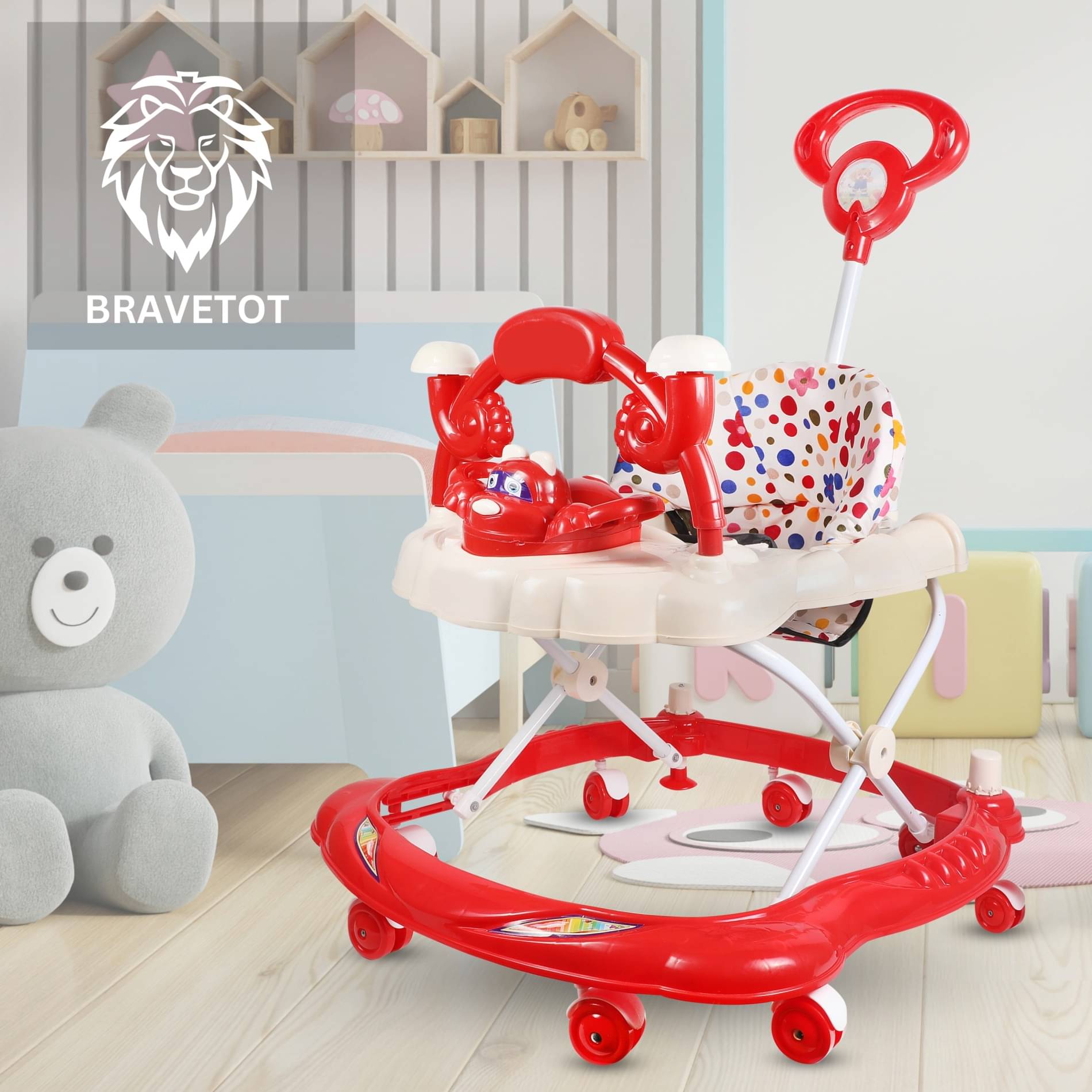     			BRAVETOT Foldable Baby Walker with Push Handle, Musical Toy Tray & Cushioned Seat – Red