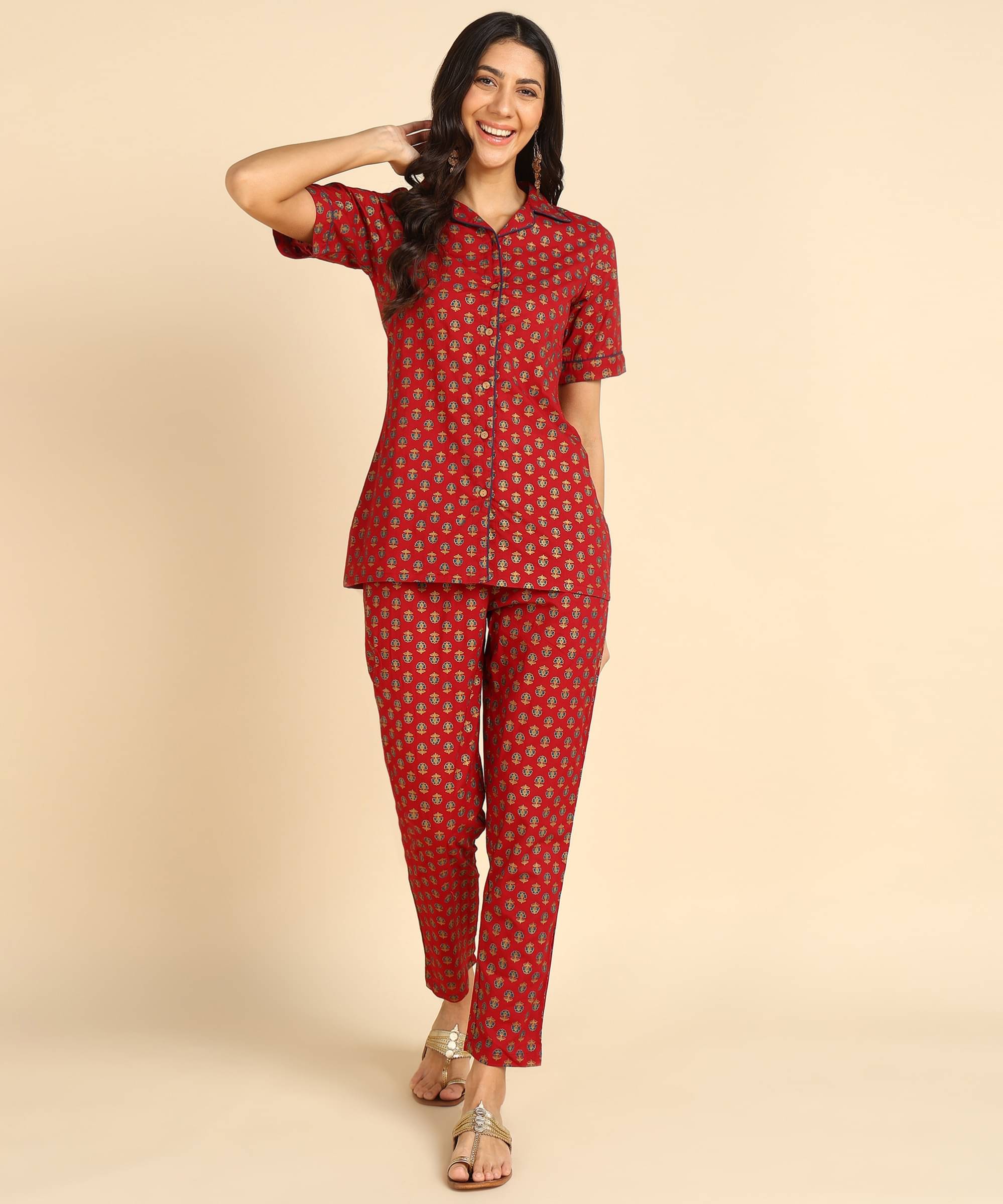     			ETHREAL Women Printed Shirt With Trousers Co-Ord Set ( Maroon )