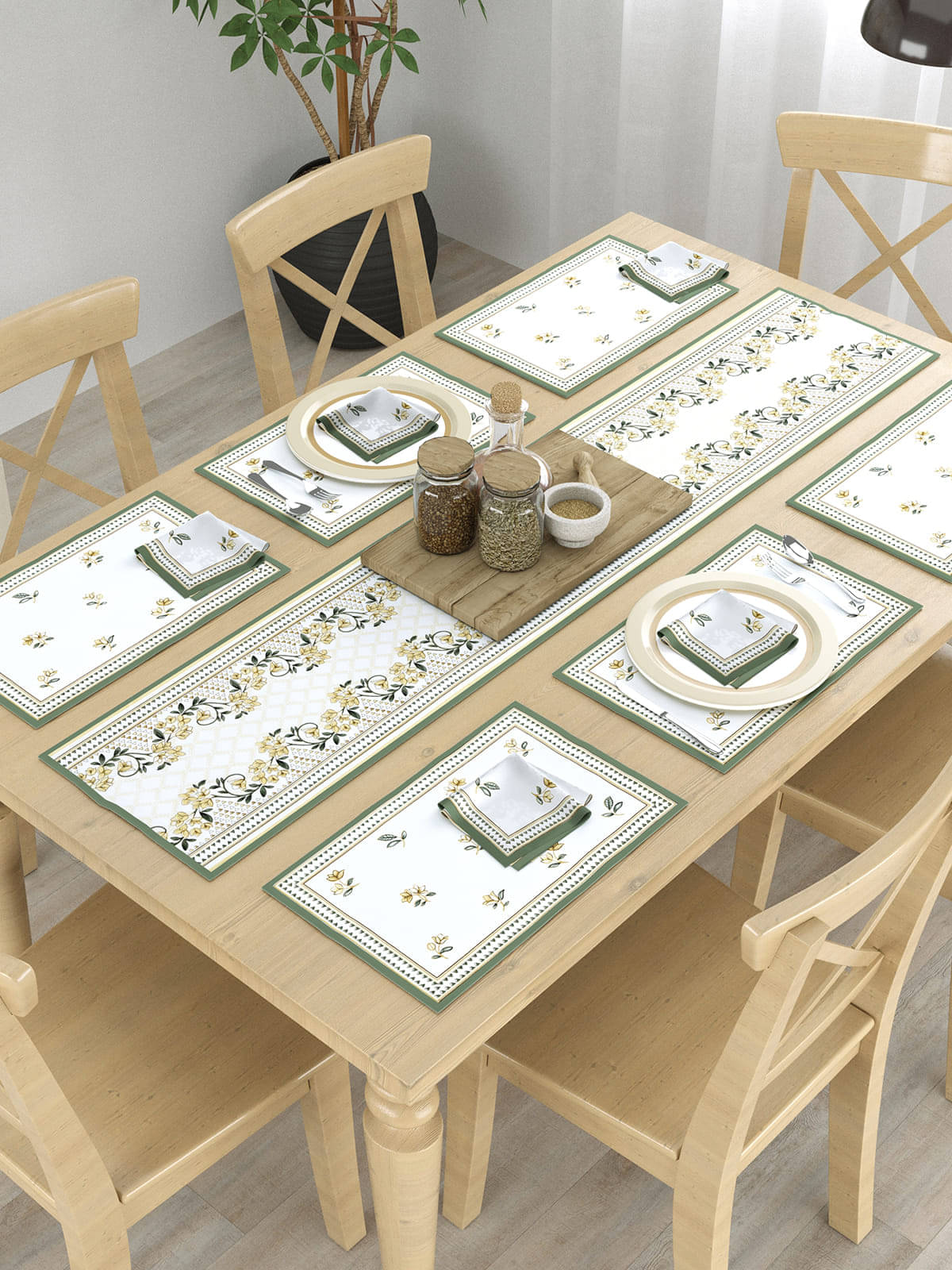     			Floral Printed Table Placemats with Runner and Napkin 13 Pieces Set