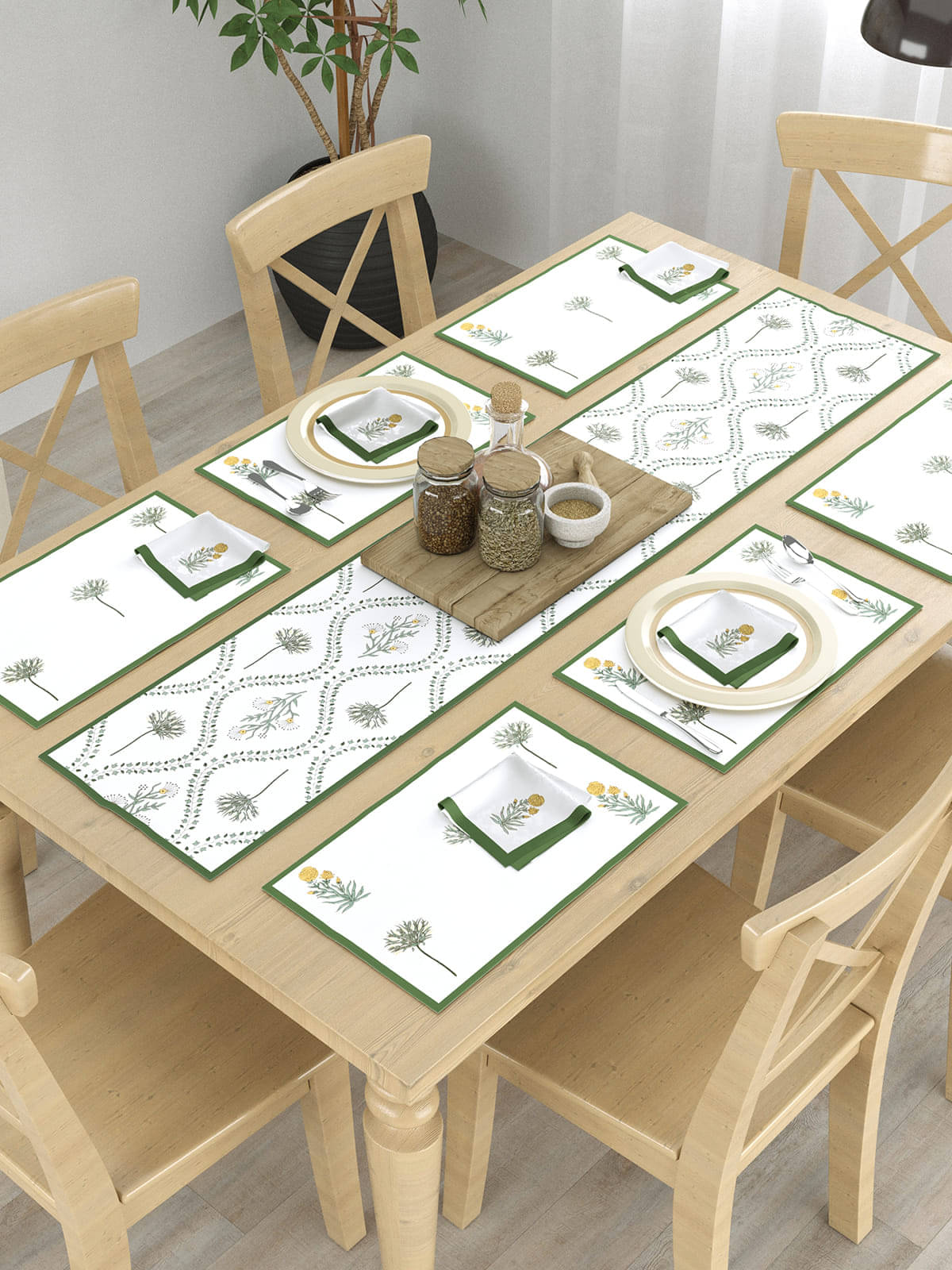    			Floral Printed Table Placemats with Runner and Napkin 13 Pieces Set