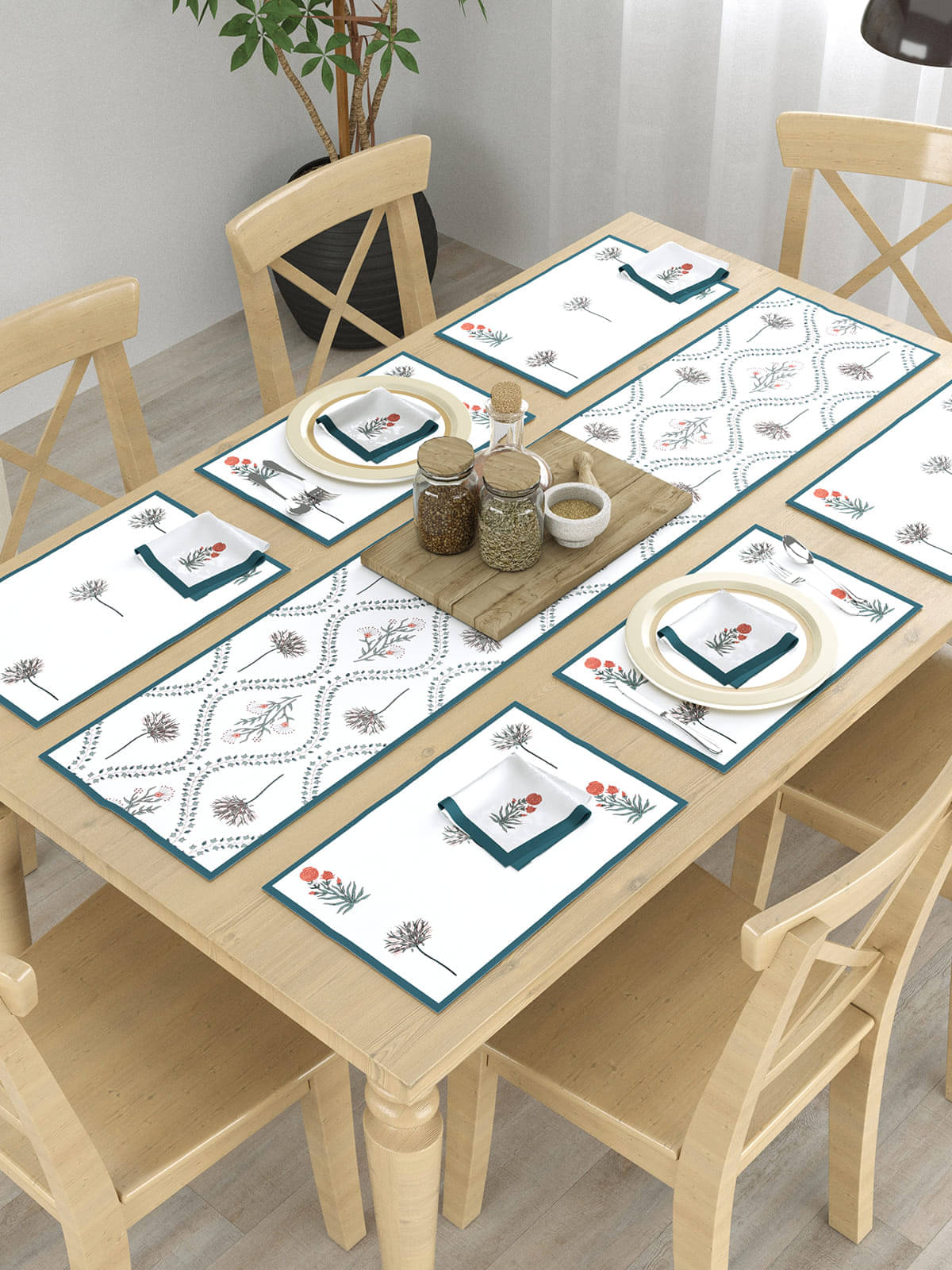     			Floral Printed Table Placemats with Runner and Napkin 13 Pieces Set