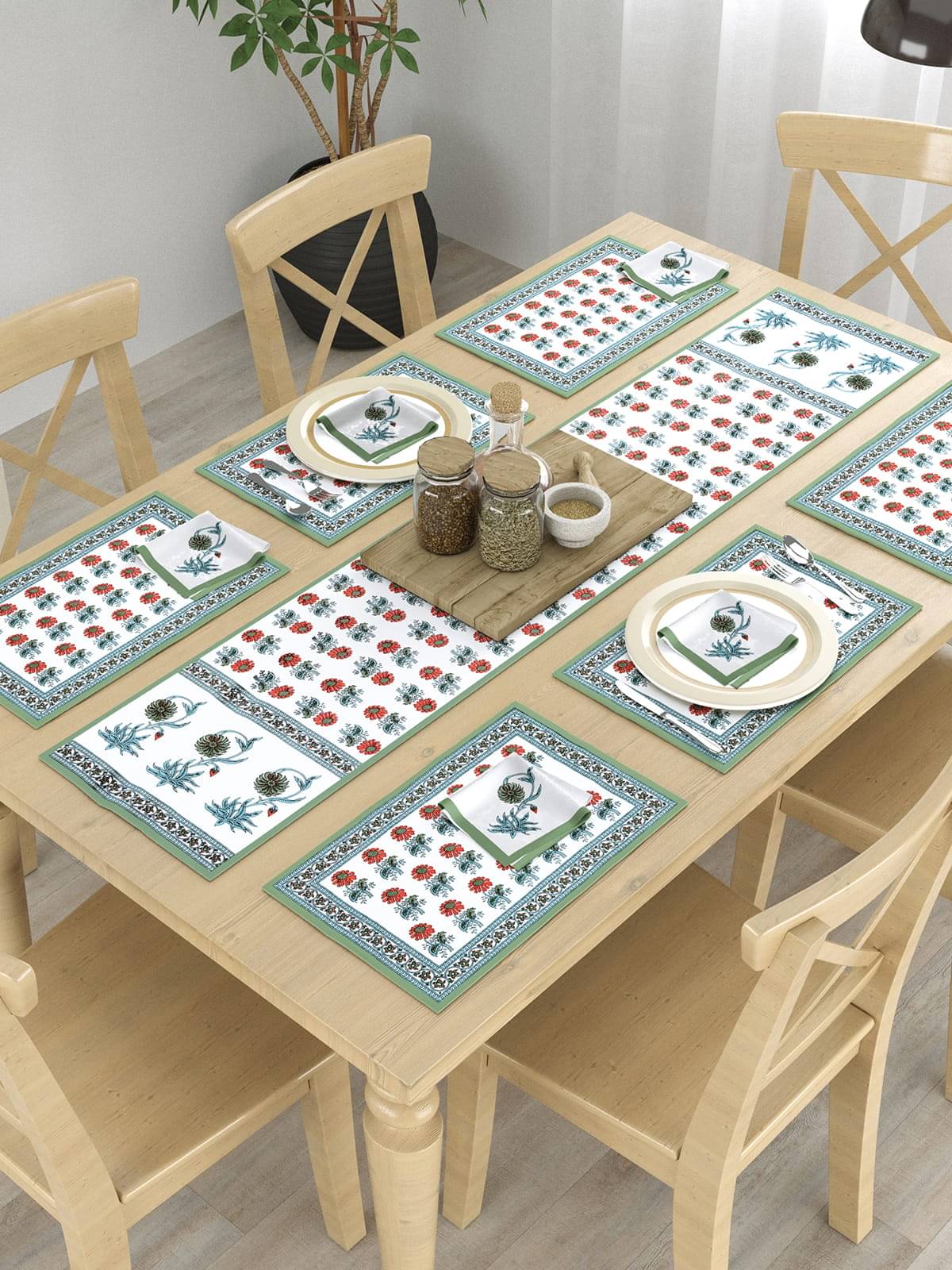     			Floral Printed Table Placemats with Runner and Napkin 13 Pieces Set