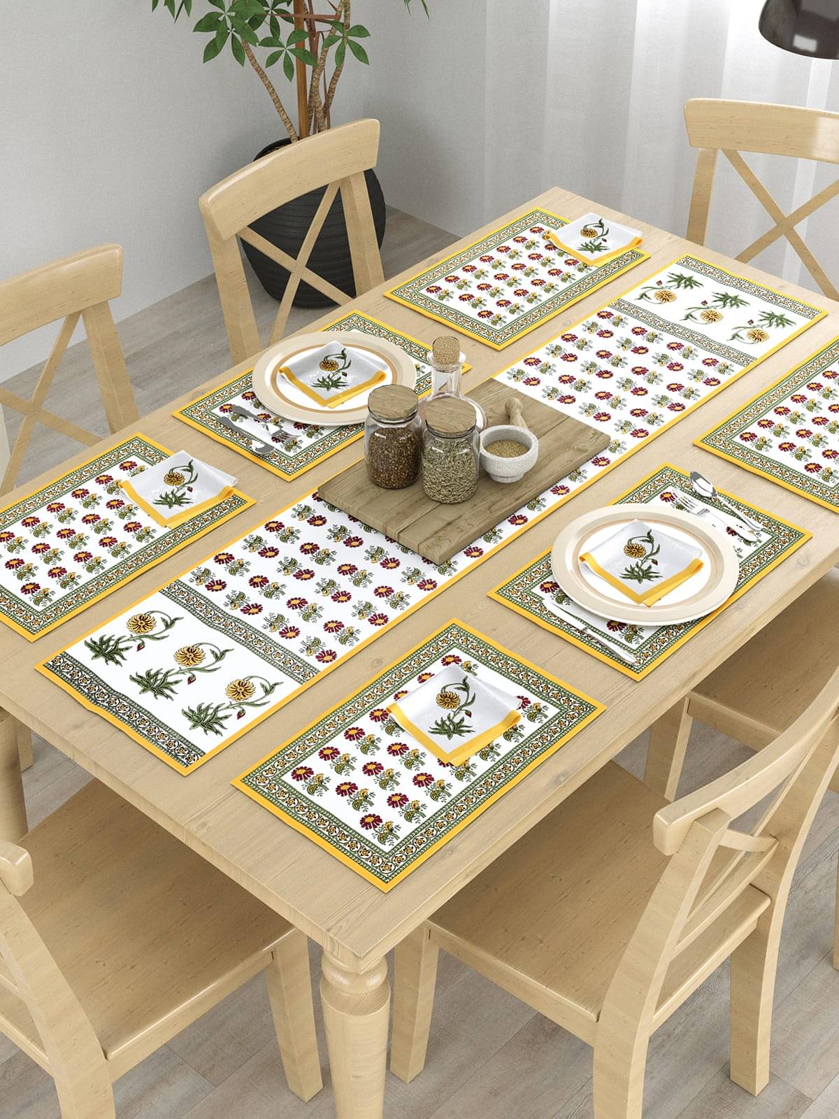     			Floral Printed Table Placemats with Runner and Napkin 13 Pieces Set