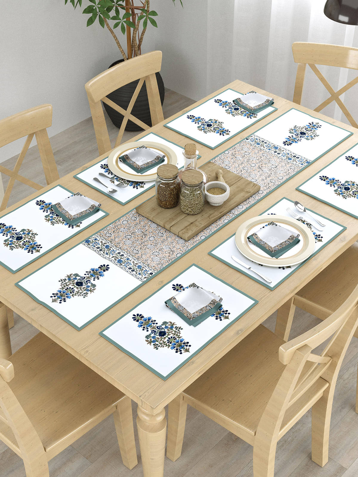     			Floral Printed Table Placemats with Runner and Napkin 13 Pieces Set