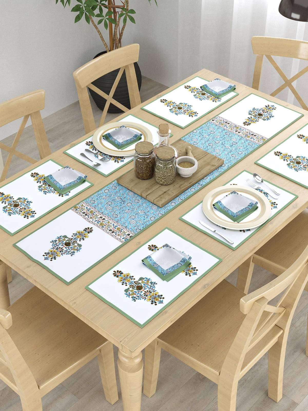     			Floral Printed Table Placemats with Runner and Napkin 13 Pieces Set