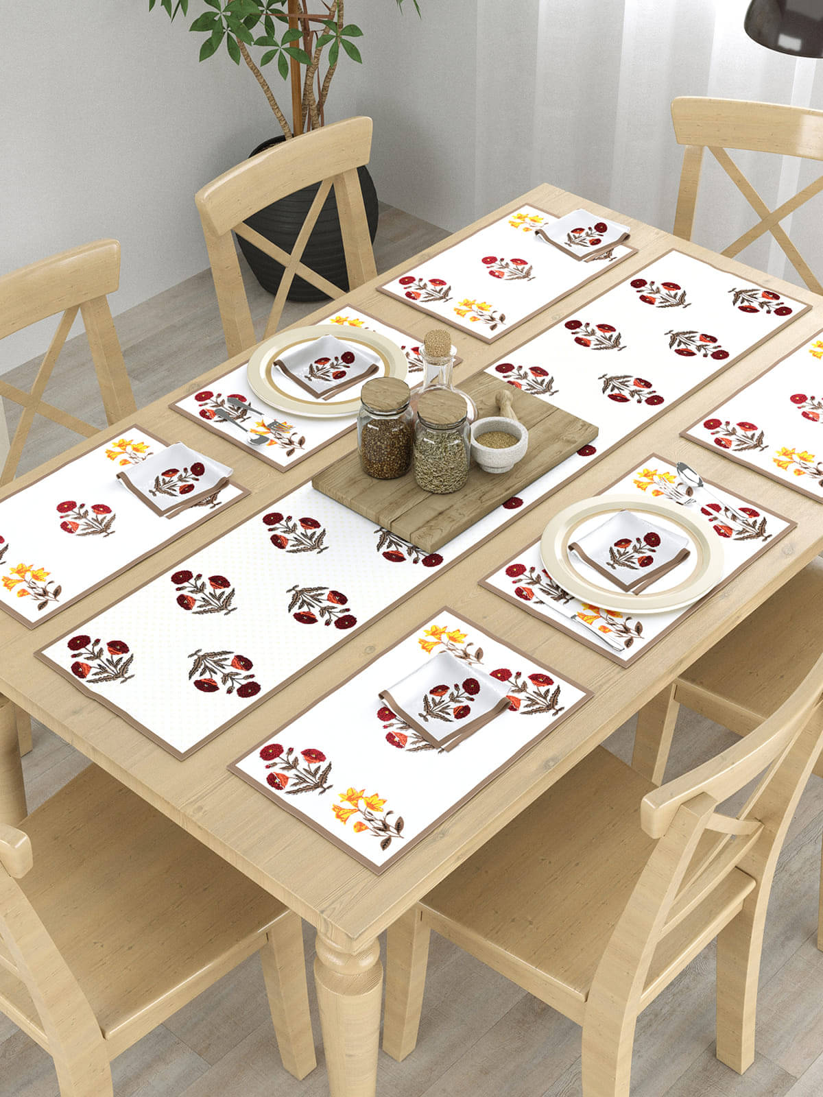     			Floral Printed Table Placemats with Runner and Napkin 13 Pieces Set