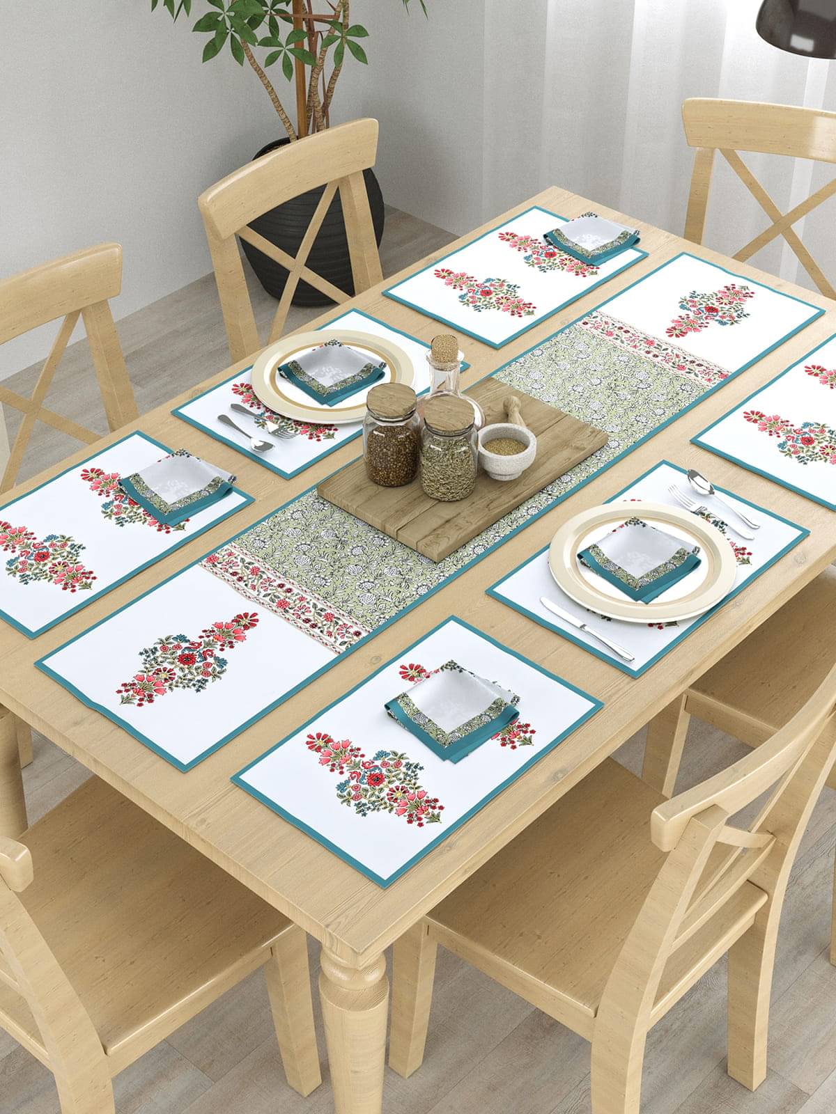     			Floral Printed Table Placemats with Runner and Napkin 13 Pieces Set