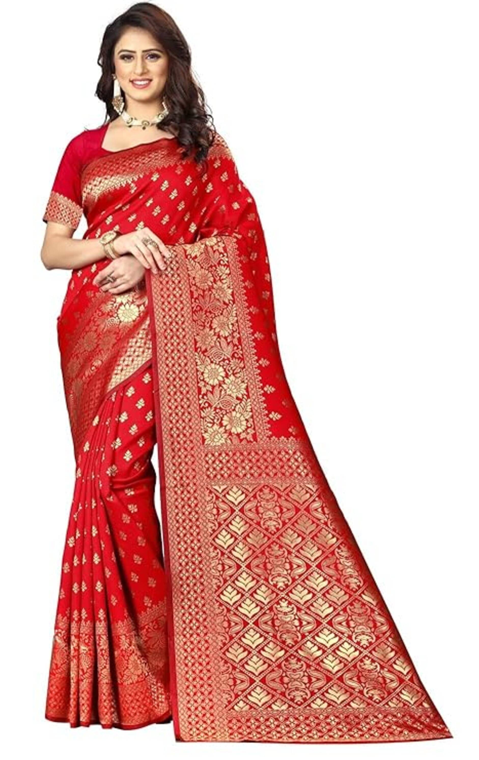     			Keyura Jacquard Woven Banarasi saree With Unstitched Blouse Piece ( Red )