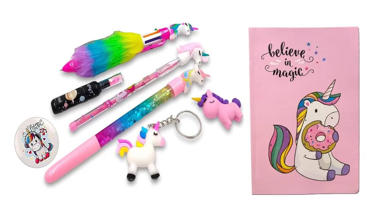     			MINDFIT Unicorn Stationery Gift Set – 8-Piece Combo for Kids Fur Pen  Pencil Eraser Highlighter Water Pen Key Chain Badge