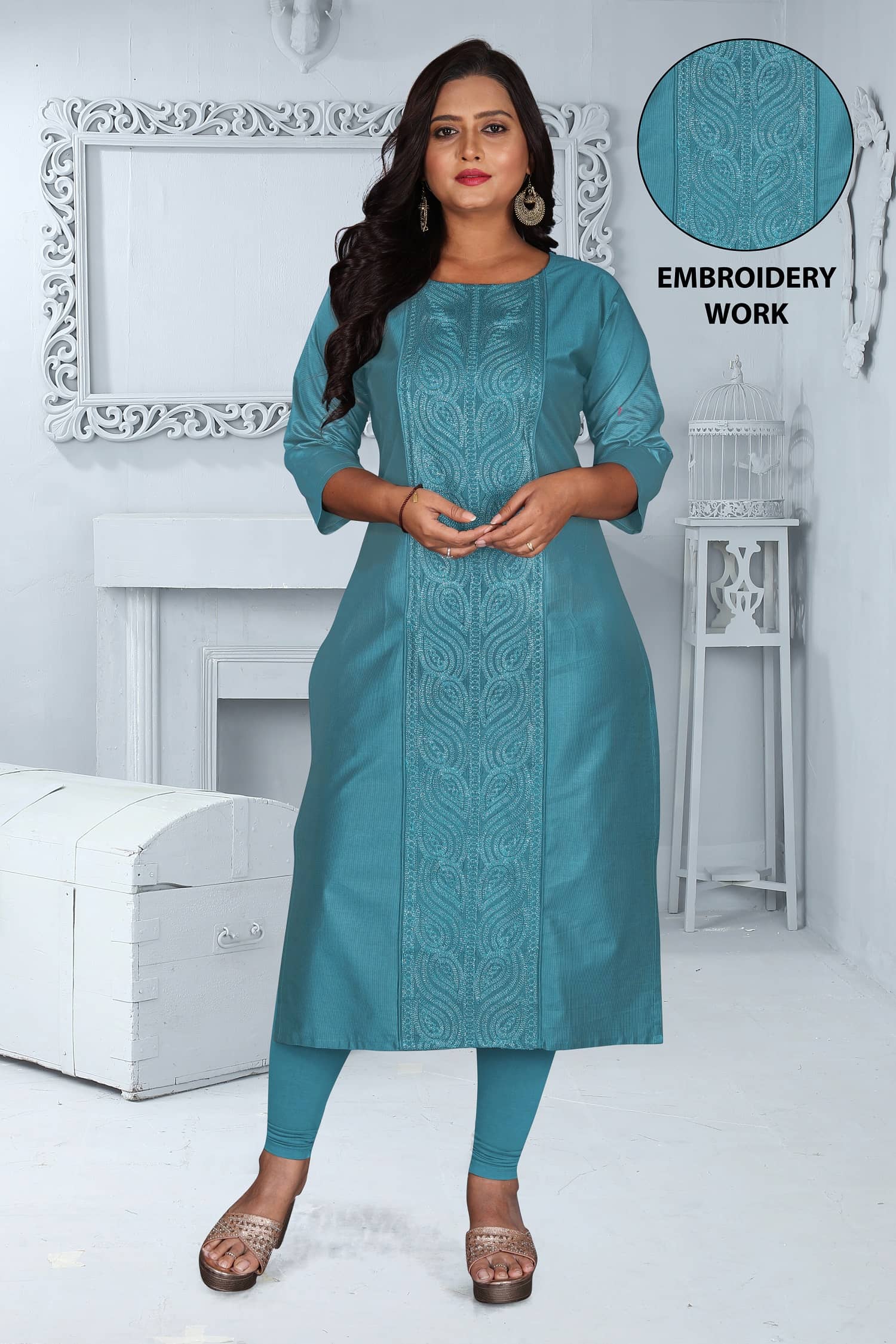 RIAANA Women Chanderi Embroidered Straight Kurti ( Green ) - Kurtis, Tunics | Buy online on ZillyBuy