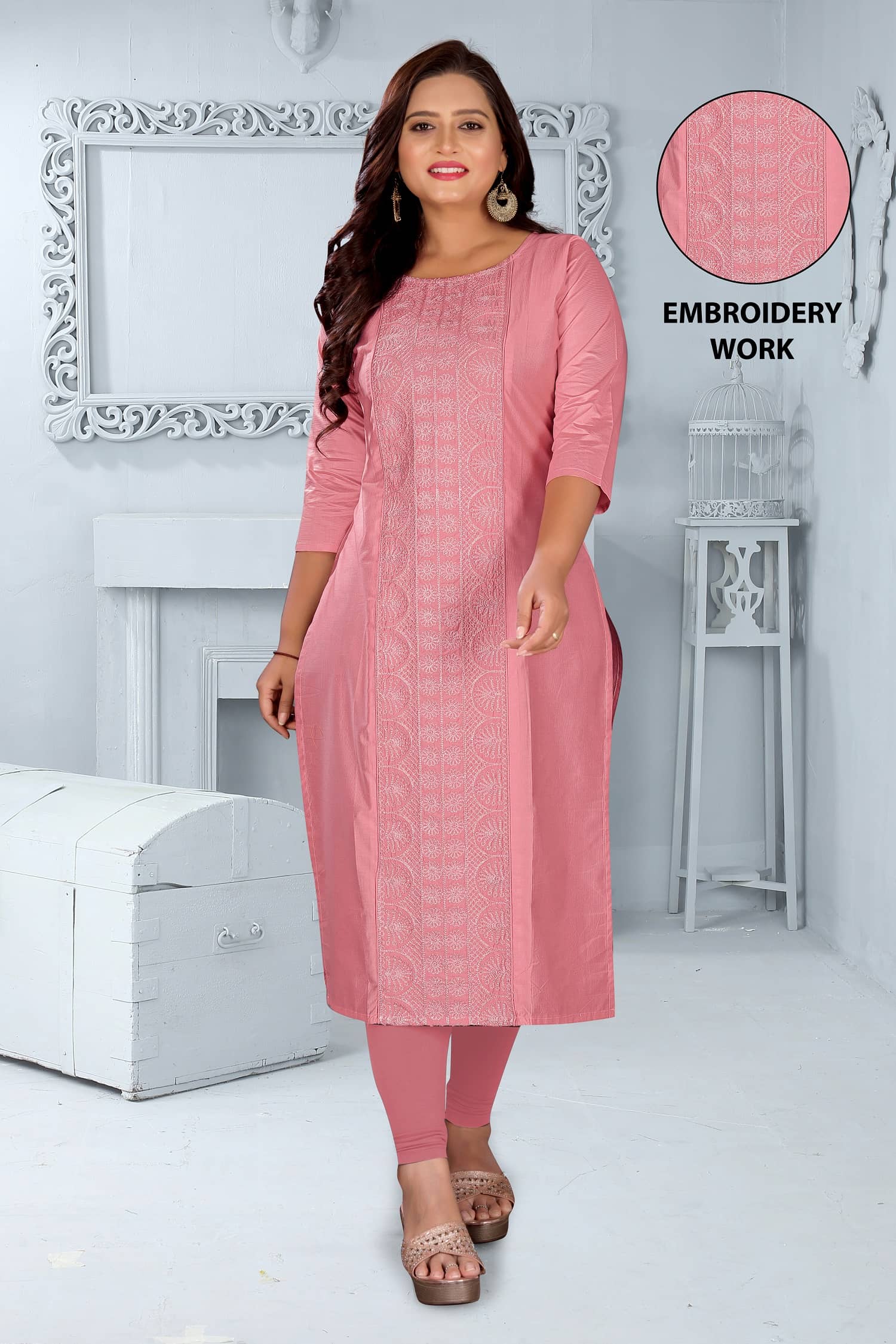 RIAANA Women Chanderi Embroidered Straight Kurti ( Pink ) - Kurtis, Tunics | Buy online on ZillyBuy