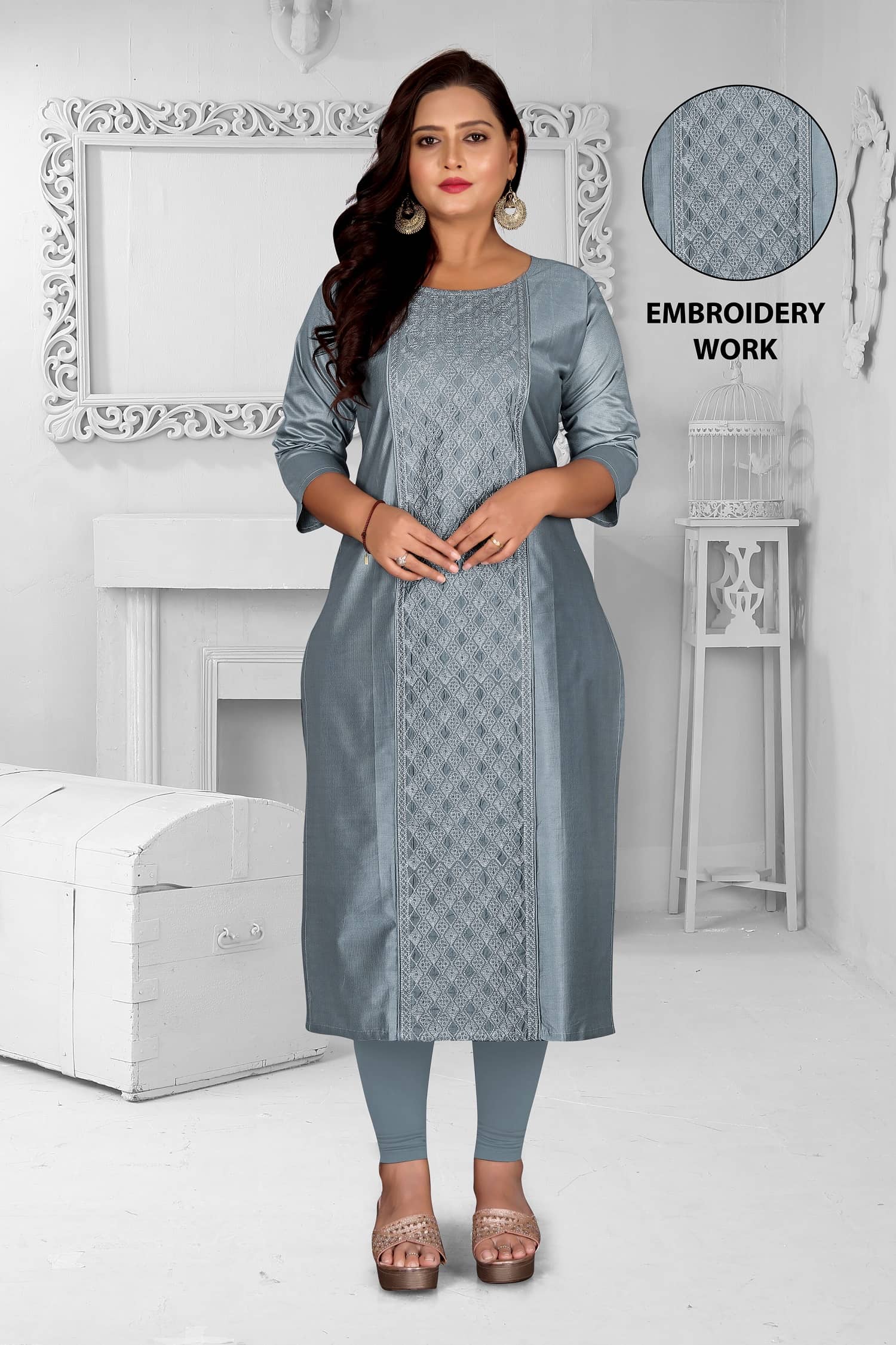 RIAANA Women Chanderi Embroidered Straight Kurti ( Grey ) - Kurtis, Tunics | Buy online on ZillyBuy