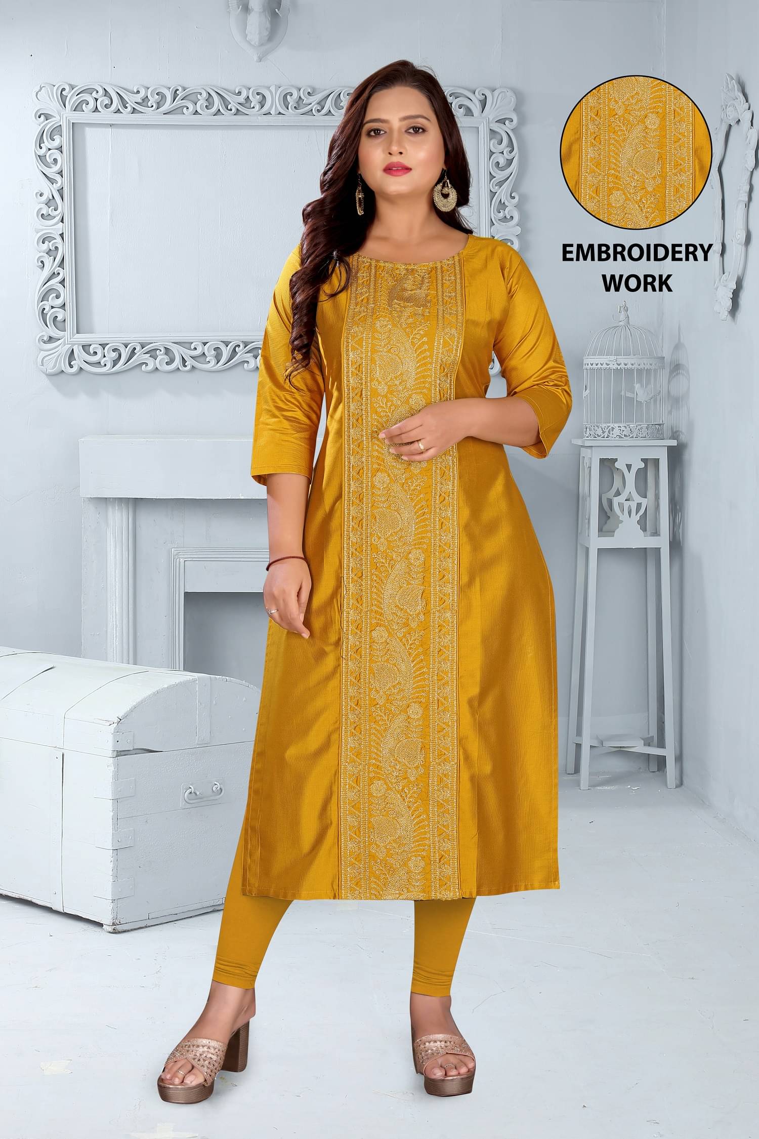 RIAANA Women Chanderi Embroidered Straight Kurti ( Mustard )     			RIAANA Women Chanderi Embroidered Straight Kurti ( Mustard )