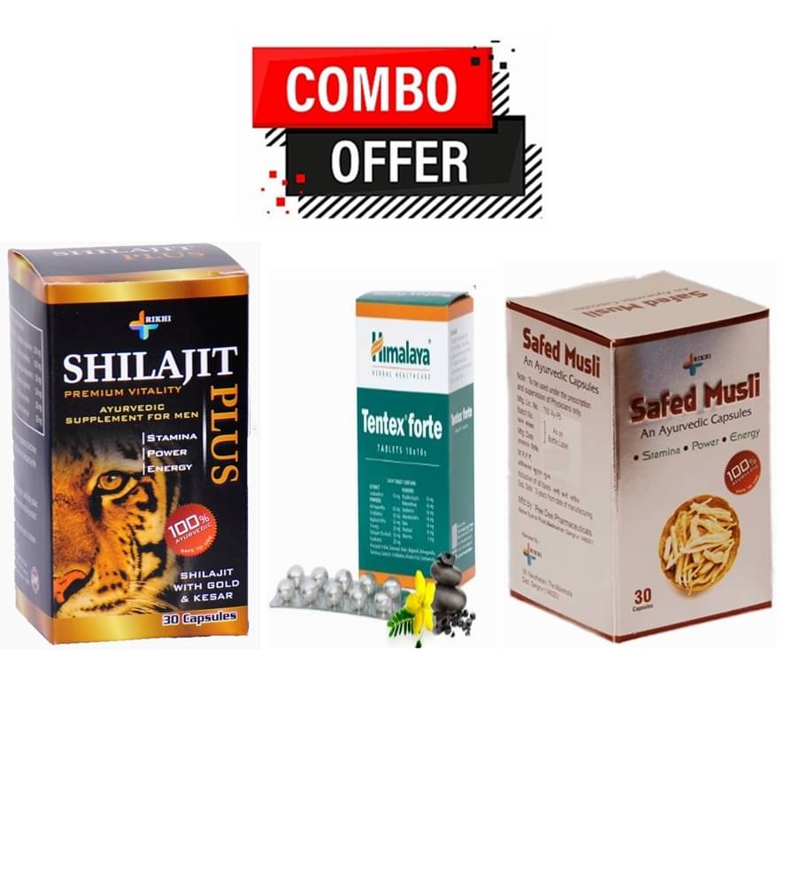 Rikhi Shilajit Plus Capsule 30 no.s & Safed Musli Capsule 30no.s & Himalaya Tentex Forte 10 Tablets Pack Of 1 Rikhi Shilajit Plus Capsule 30 no.s & Safed Musli Capsule 30no.s & Himalaya Tentex Forte 10 Tablets Pack Of 1