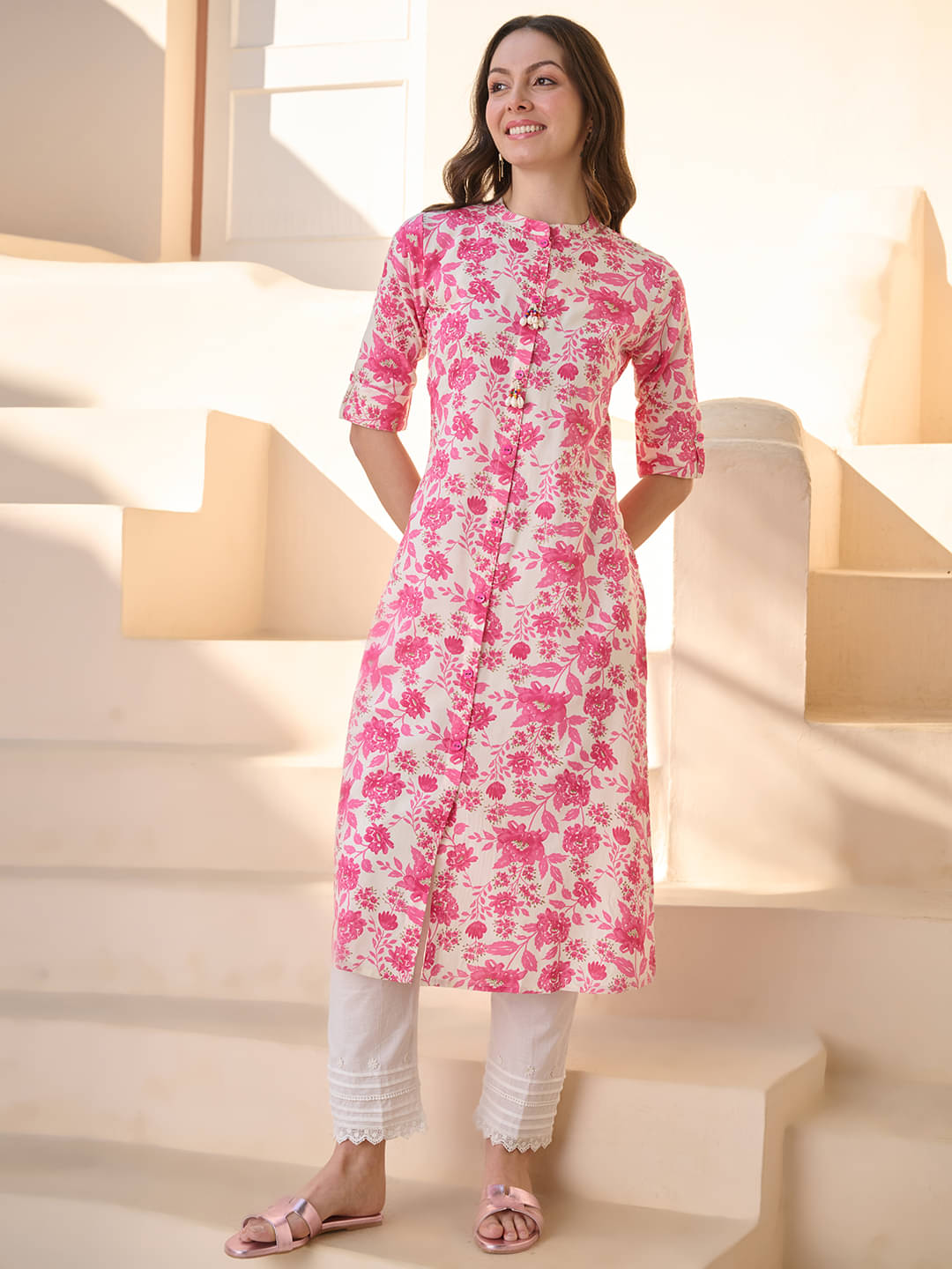     			Stylum Women Rayon Printed Front Slit Kurti ( Pink )