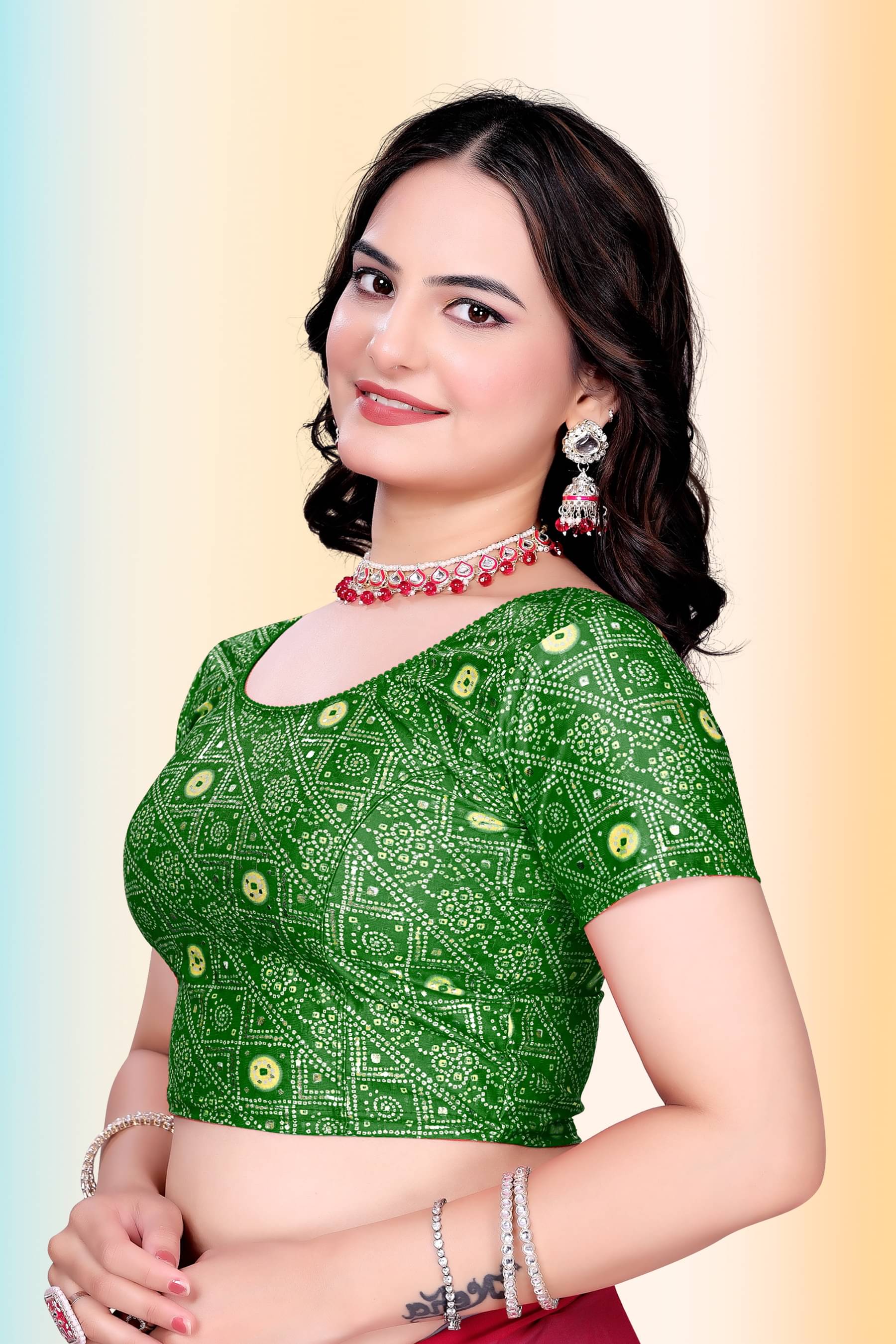     			TANISHM FEB TEX Green Readymade without Pad Lycra Women's Blouse ( Pack of 1 )