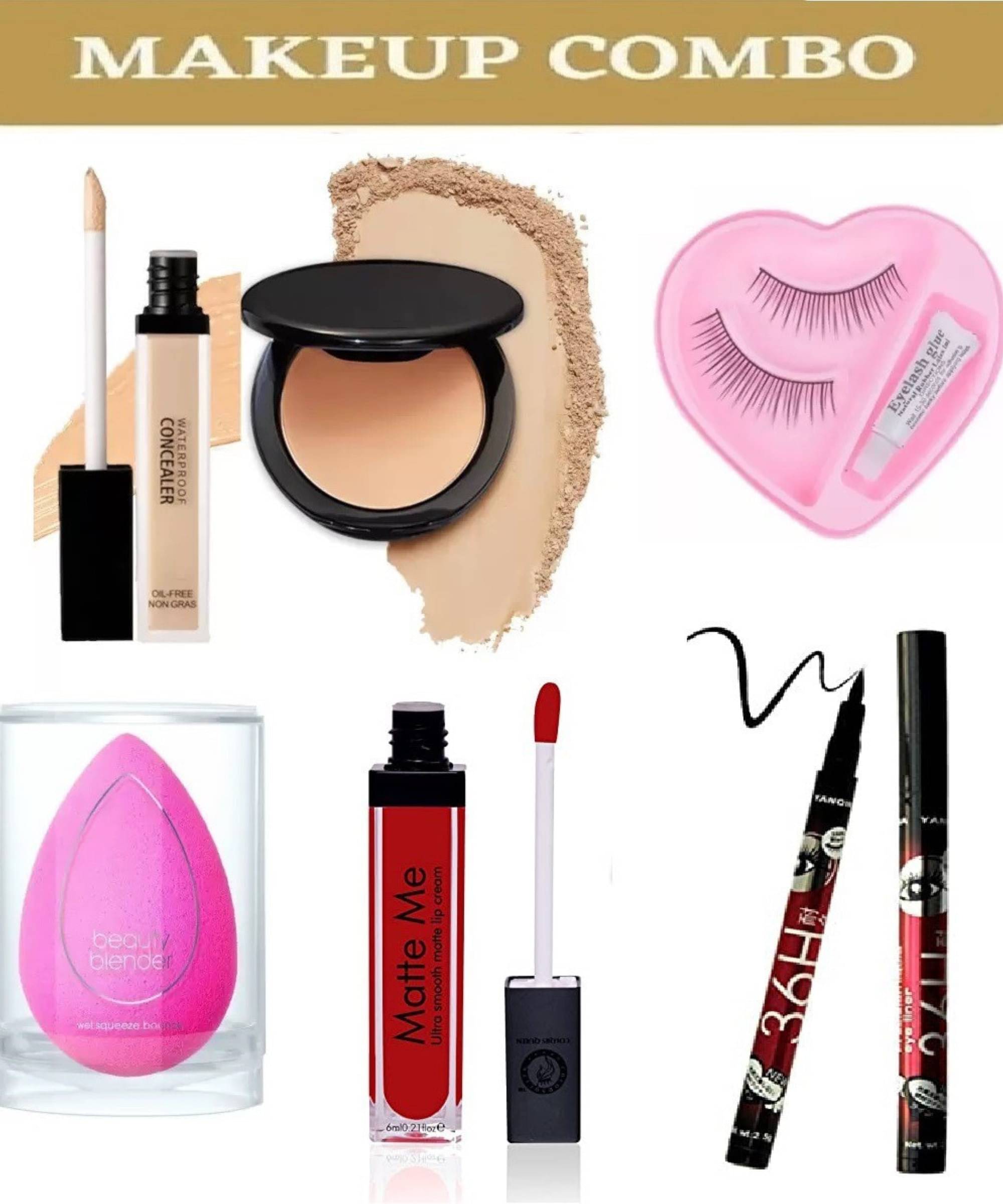 Yelgo Makeup Kit ( Compact::beauty blender puff::Concealer::Eye Liner::Red Matte Me lipistick::Eyelash )     			Yelgo Makeup Kit ( Compact::beauty blender puff::Concealer::Eye Liner::Red Matte Me lipistick::Eyelash )