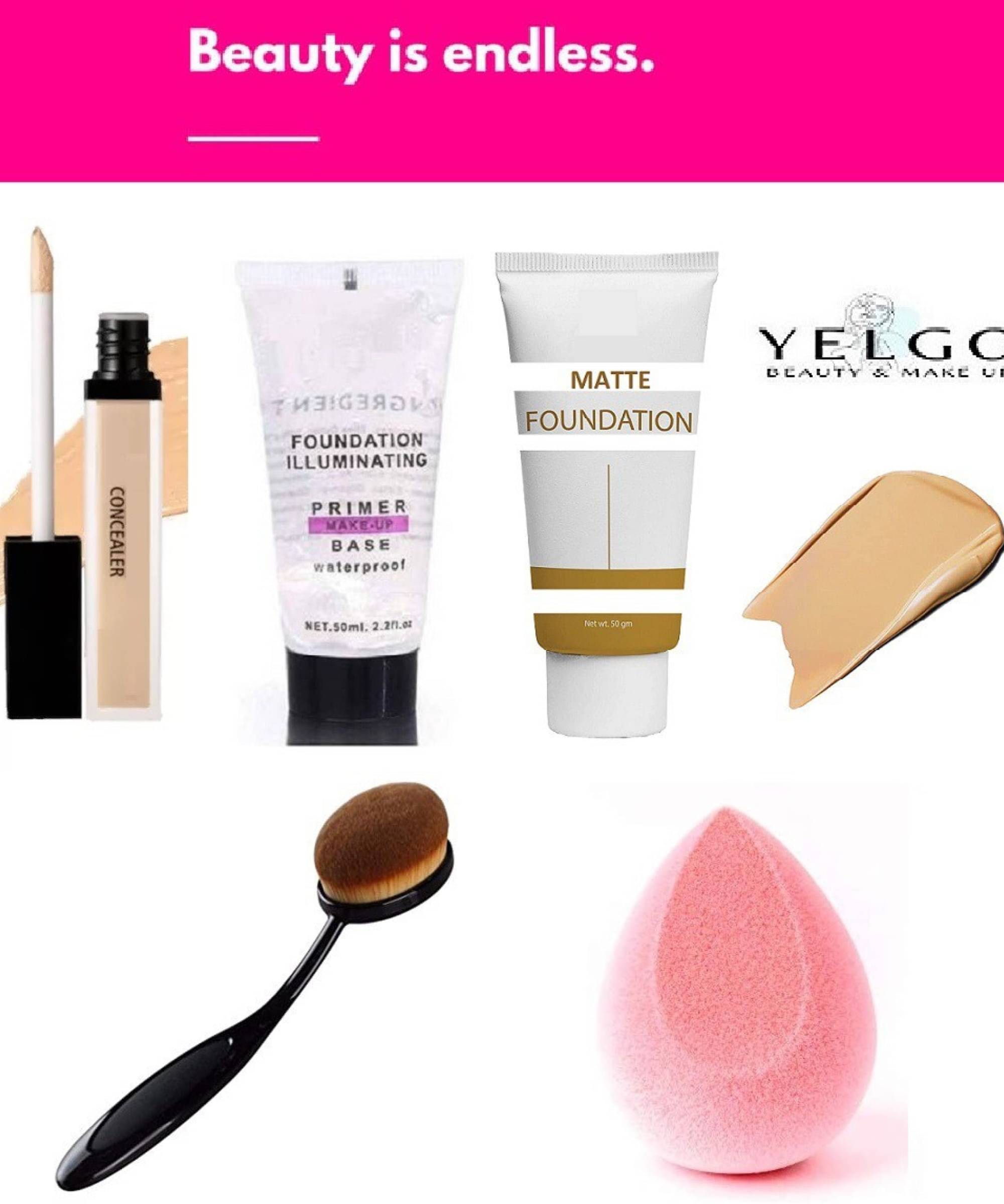 Yelgo Makeup Kit ( Concealer::primer::foundation::Oval foundation brush::beauty blender puff ) Yelgo Makeup Kit ( Concealer::primer::foundation::Oval foundation brush::beauty blender puff )