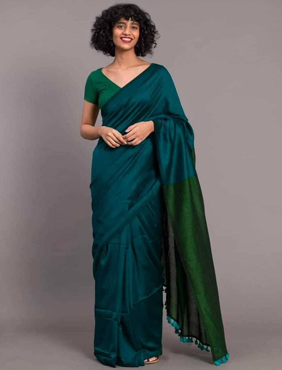 BRYNBRIT Cotton Blend Embellished Saree With Unstitched Blouse Piece ( Teal )     			BRYNBRIT Cotton Blend Embellished Saree With Unstitched Blouse Piece ( Teal )