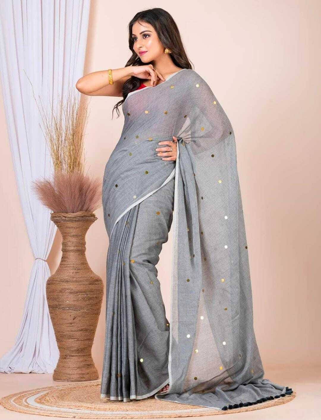     			BRYNBRIT Cotton Blend Embellished Saree With Unstitched Blouse Piece ( Grey )