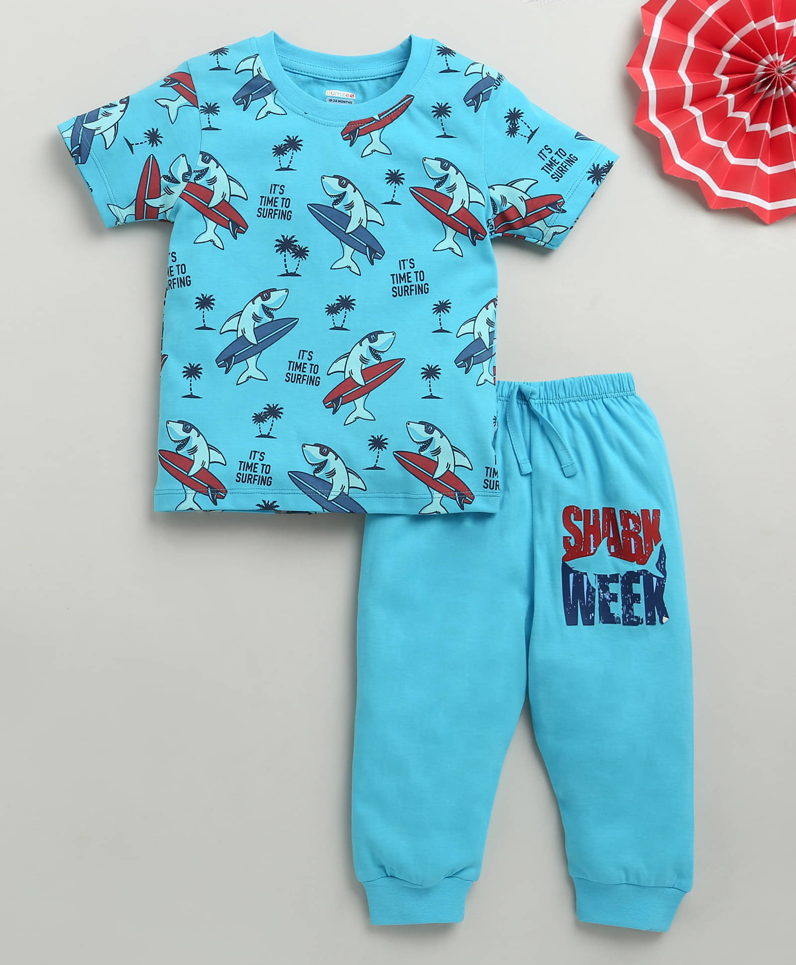 BUMZEE Pack of 1 Baby Boys Cotton T-Shirt & Pants Set ( Blue )     			BUMZEE Pack of 1 Baby Boys Cotton T-Shirt & Pants Set ( Blue )