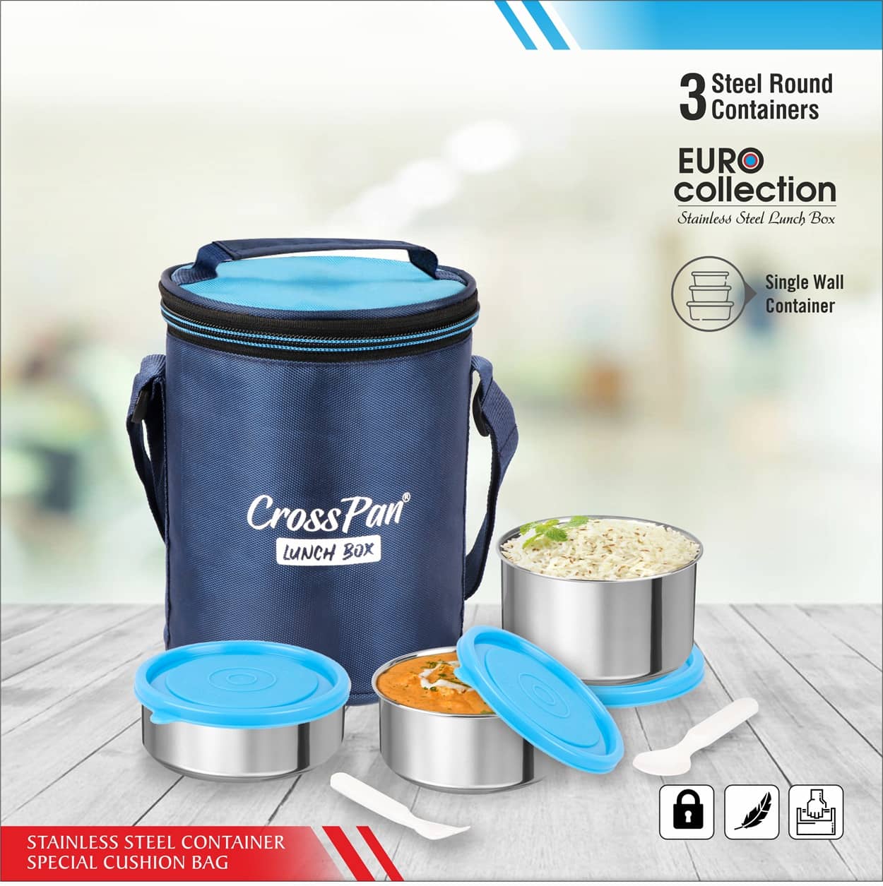 CrossPan Euro 3 Containers Stainless Steel Insulated Lunch Box 3 - Container ( Pack of 1 )