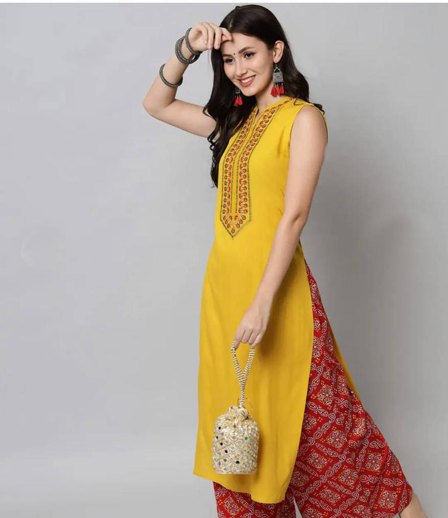     			Daneen Women Viscose Rayon Embroidered Straight Kurti ( Yellow )