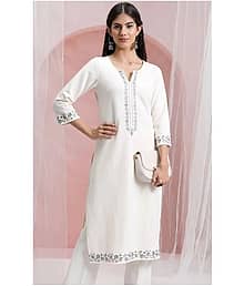 Daneen Women Viscose Rayon Embroidered Straight Kurti ( White )