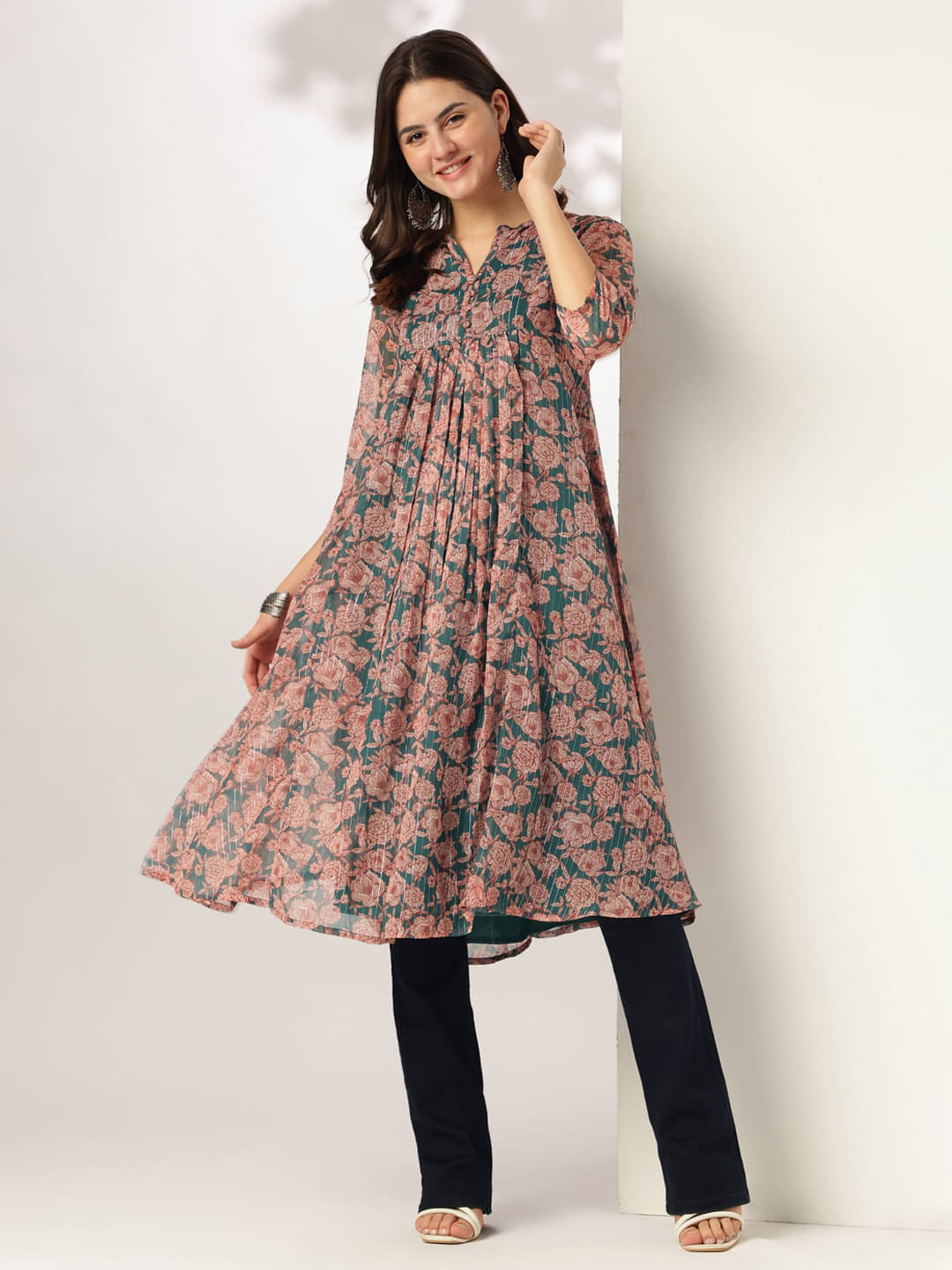     			Janasya Women Chiffon Printed A-line Kurti ( Dark Green )