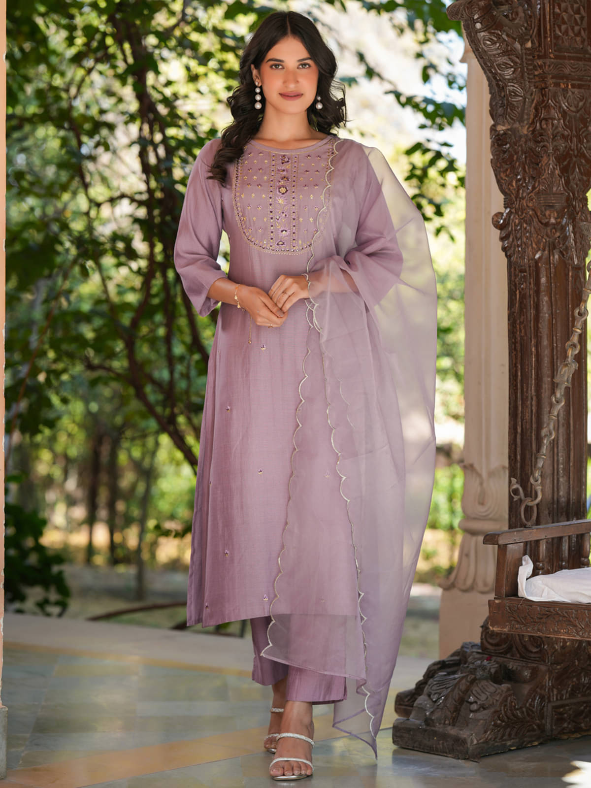 Janasya Women Silk Blend Embroidered Straight Kurti With Pants ( Lavender ) Janasya Women Silk Blend Embroidered Straight Kurti With Pants ( Lavender )
