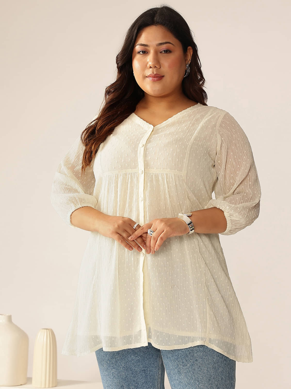 Janasya Women's Chiffon Tunic ( Off White )