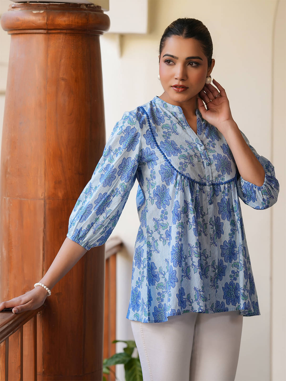     			Janasya Women's Cotton A-Line Top ( Blue )