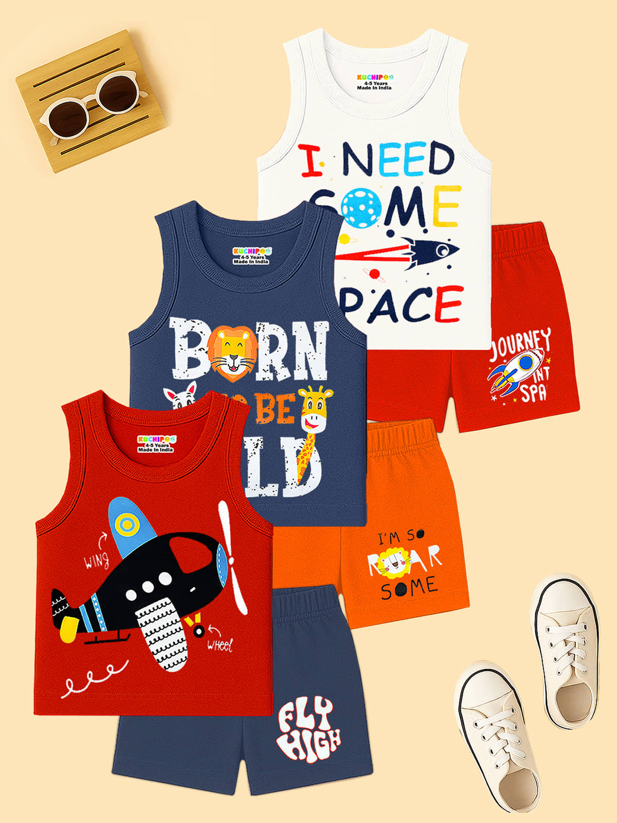 Kuchipoo Pack of 3 Boys Cotton Blend T-Shirt & Shorts Set ( Multicolor )