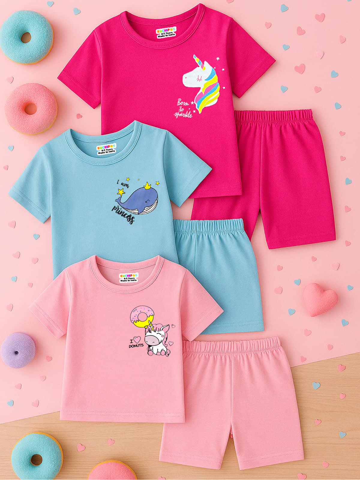 Kuchipoo Pack of 3 Girls Cotton Blend T-shirt & Shorts ( Multicolor 1 )