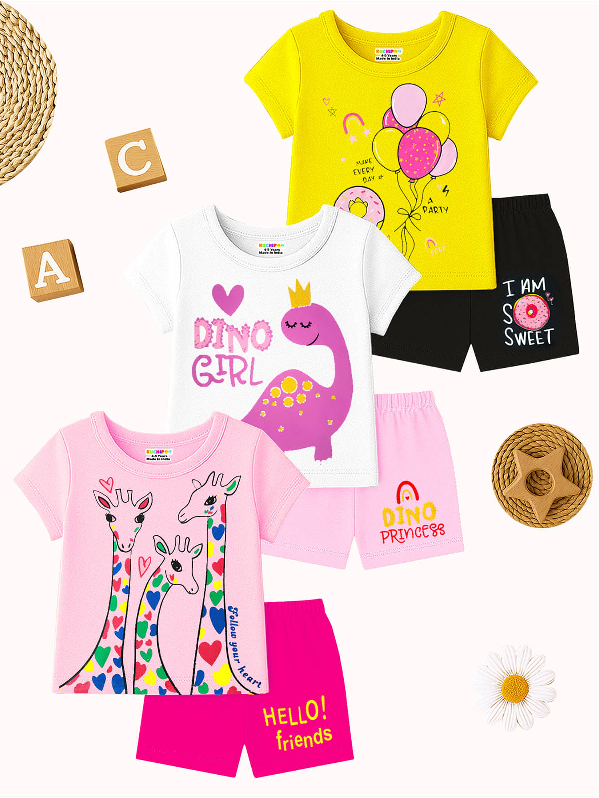 Kuchipoo Pack of 3 Girls Cotton Blend T-shirt & Shorts ( Multicolor 3 ) Kuchipoo Pack of 3 Girls Cotton Blend T-shirt & Shorts ( Multicolor 3 )