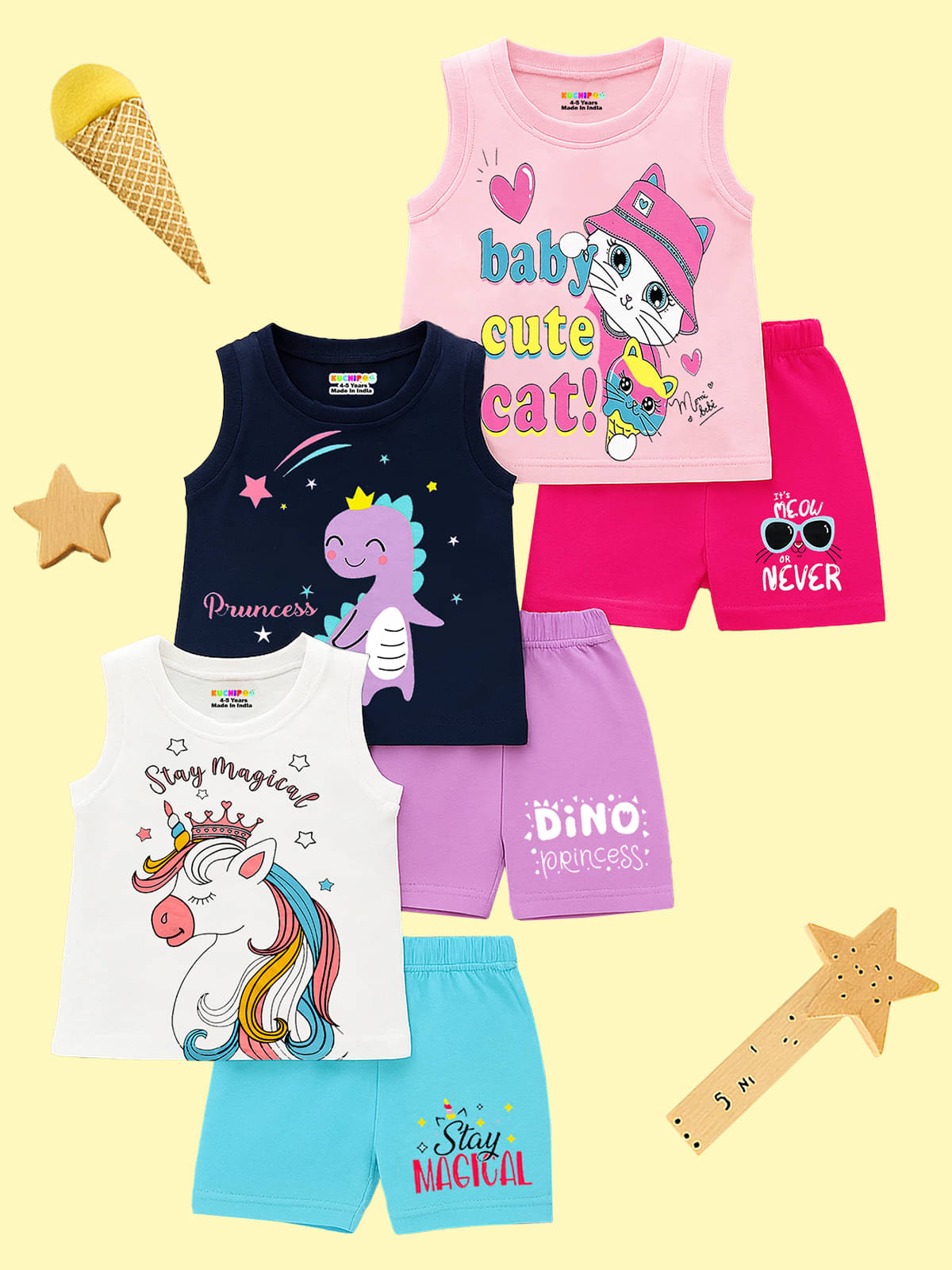     			Kuchipoo Pack of 3 Girls Cotton Blend T-shirt & Shorts ( Multicolor 4 )