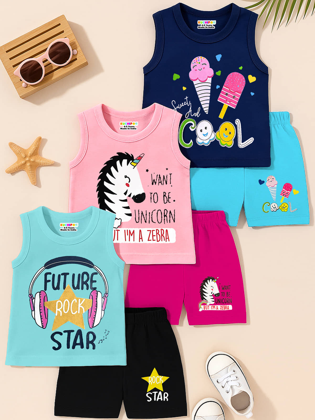 Kuchipoo Pack of 3 Girls Cotton Blend T-shirt & Shorts ( Multicolor 12 )