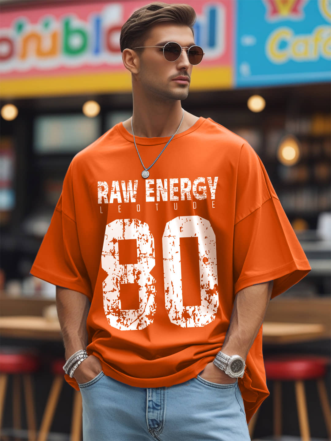 Leotude Men Cotton Blend Oversized Fit Printed T-Shirt ( Orange )
