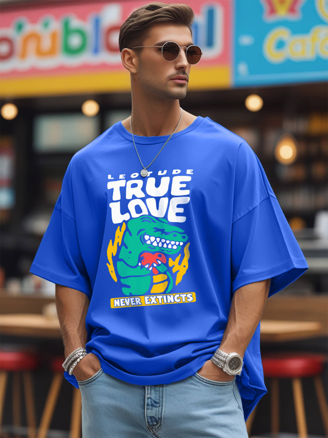 Leotude Men Cotton Blend Oversized Fit Printed T-Shirt ( Blue )