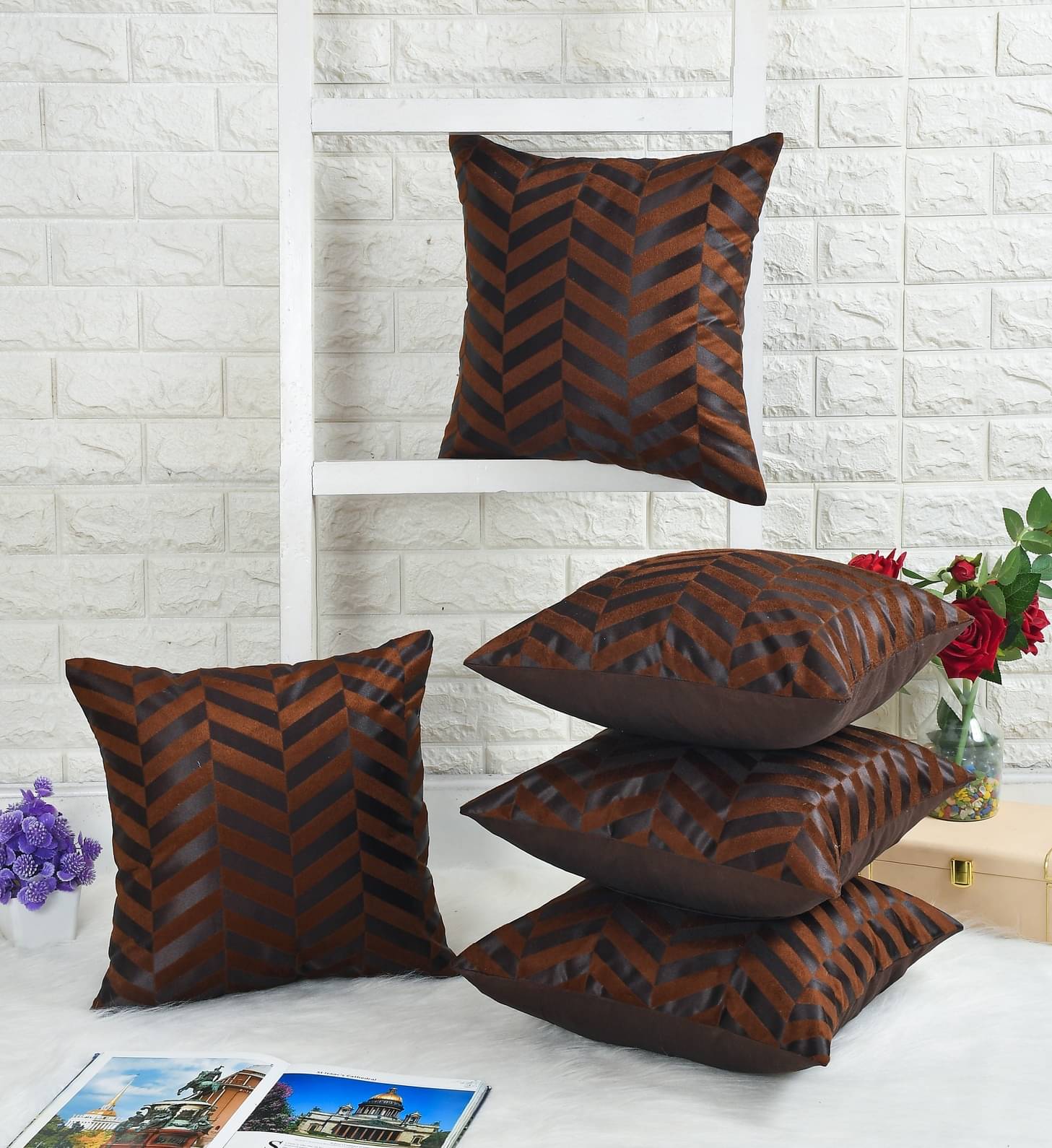     			RADECOR Set of 5 Polyester Abstract Printed Square Cushion Cover (40X40)cm - Brown