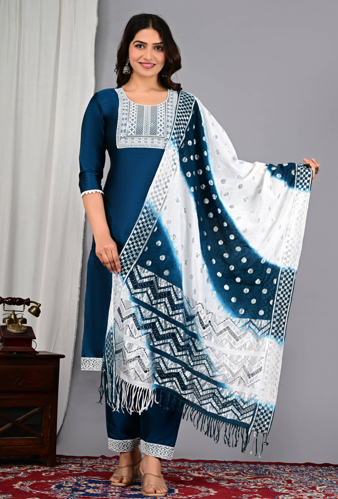     			RAMBAAN CREATION Women Silk Blend Embroidered Straight Kurti With Pants ( Blue )