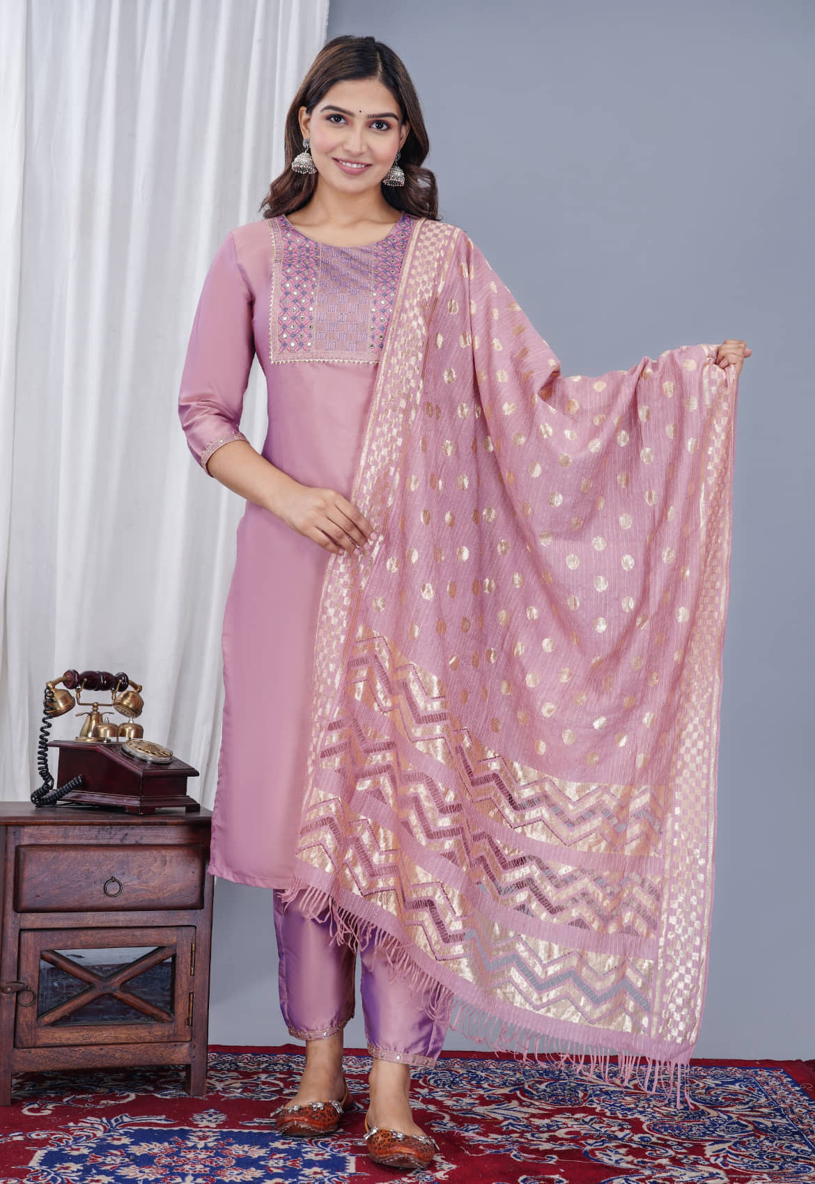 RAMBAAN CREATION Women Silk Blend Embroidered Straight Kurti With Pants ( Purple )