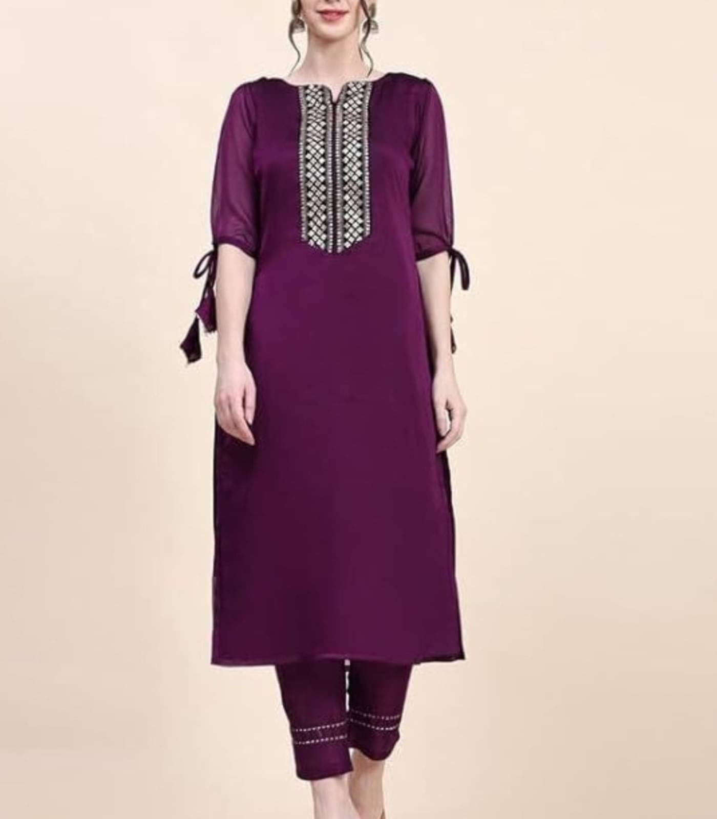     			Shree Aksharam Trends Women Georgette Printed Straight Kurti With Pants ( Purple )