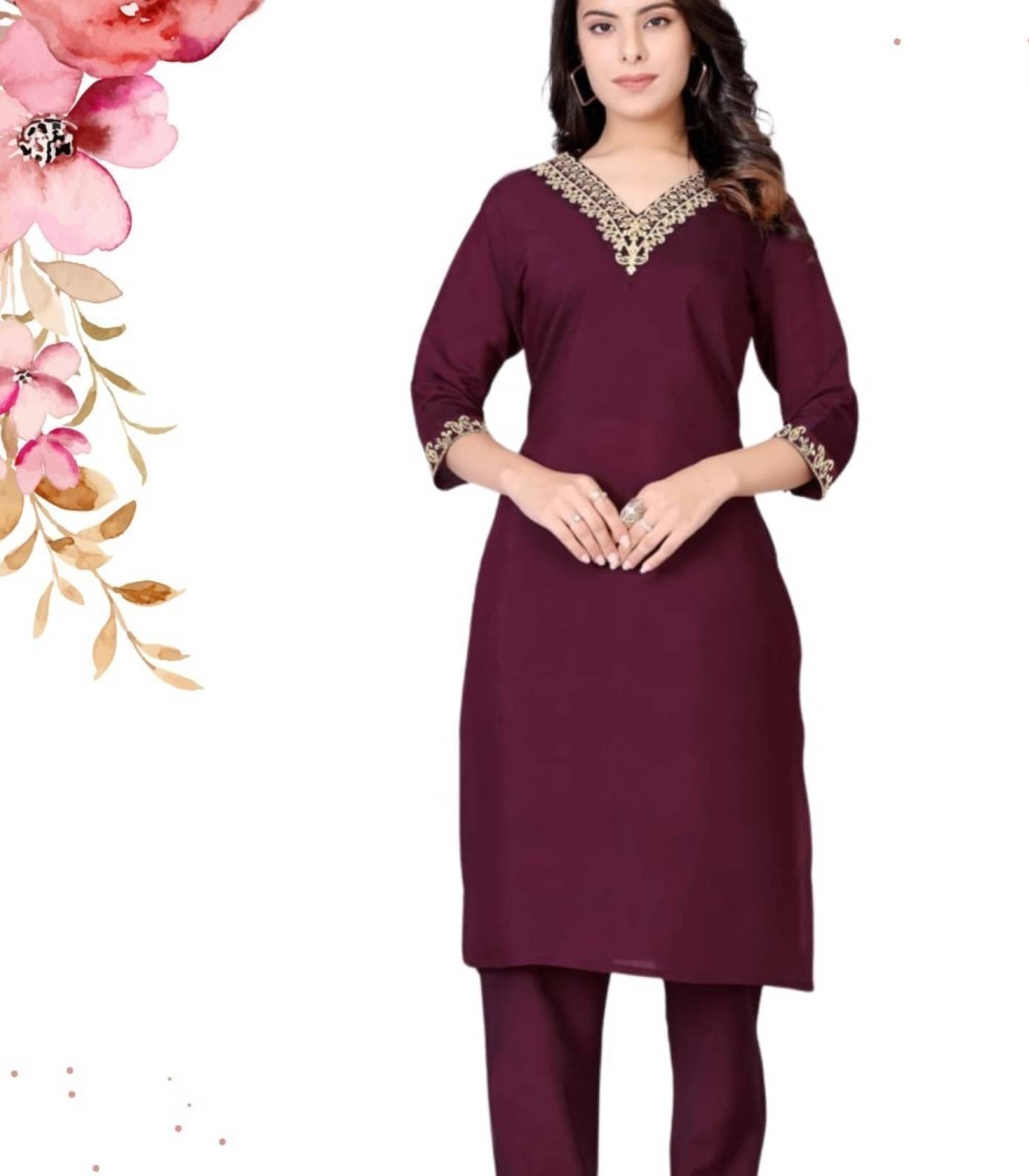 Shree Aksharam Trends Women Silk Blend Embroidered Straight Kurti With Pants ( Maroon )     			Shree Aksharam Trends Women Silk Blend Embroidered Straight Kurti With Pants ( Maroon )