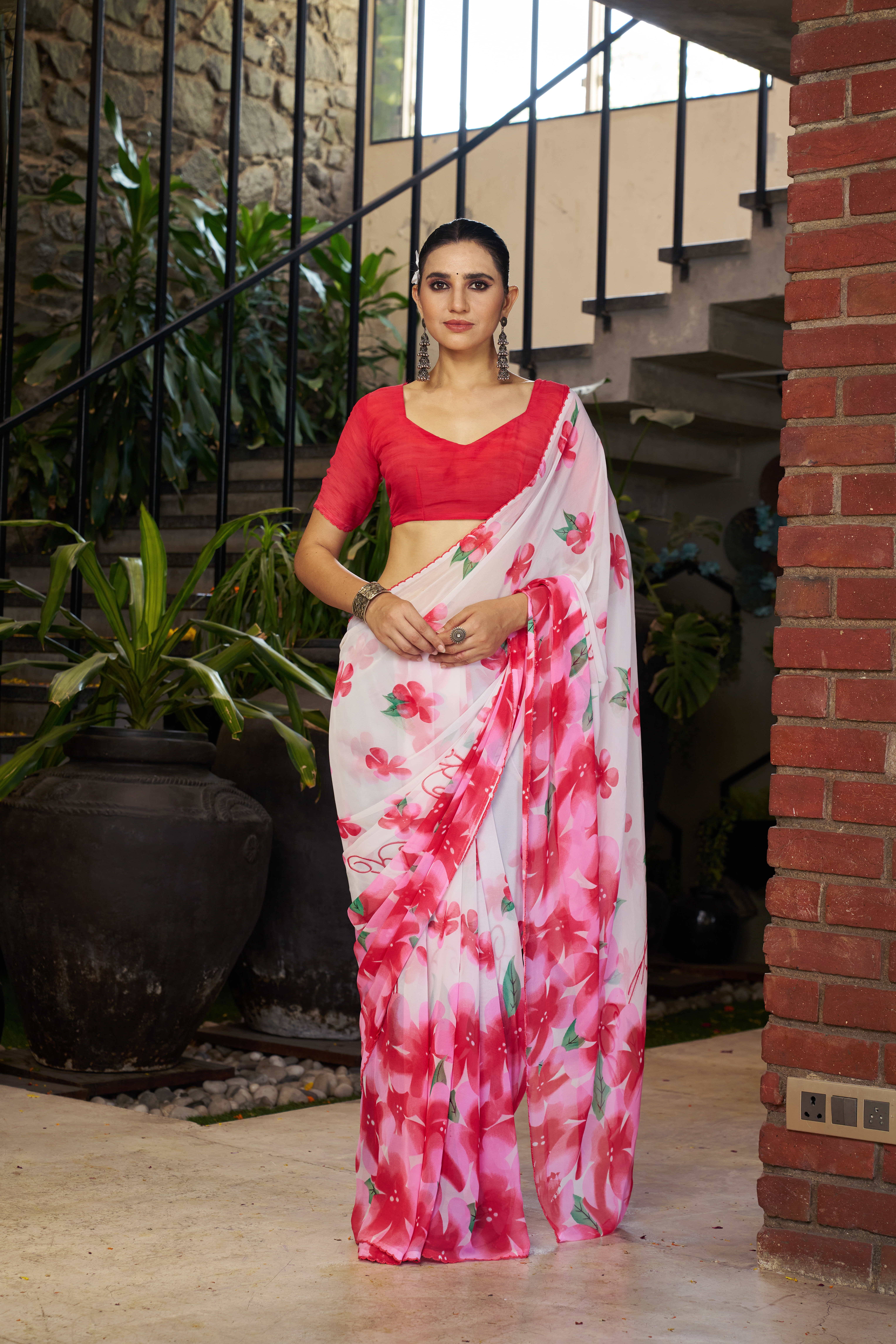     			Sitanjali Georgette Printed Saree With Unstitched Blouse Piece ( Pink )