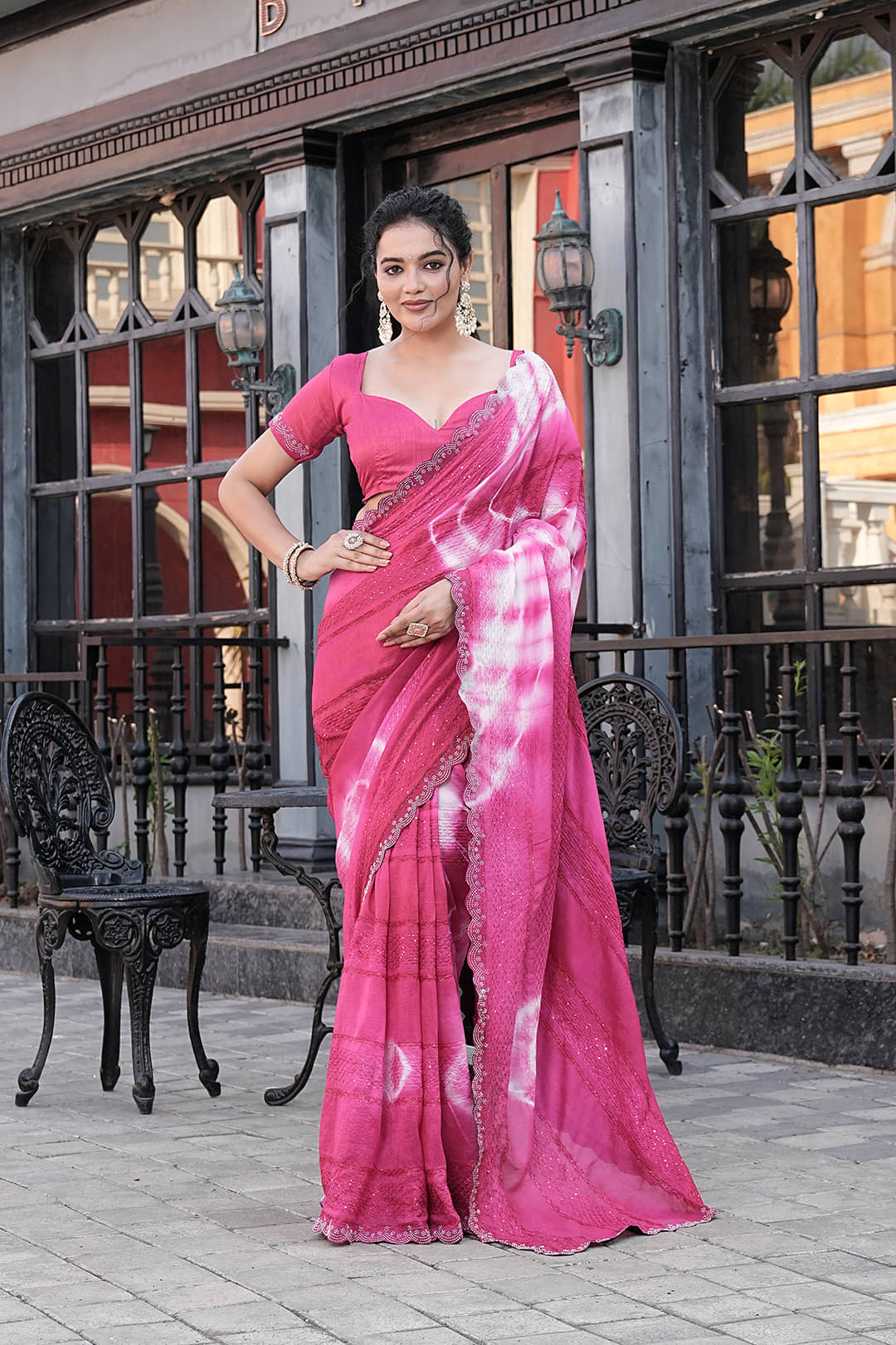 Sitanjali Lifestyle Silk Blend Printed Phulkari saree With Unstitched Blouse Piece ( Pink ) - Sarees | Buy online on ZillyBuy