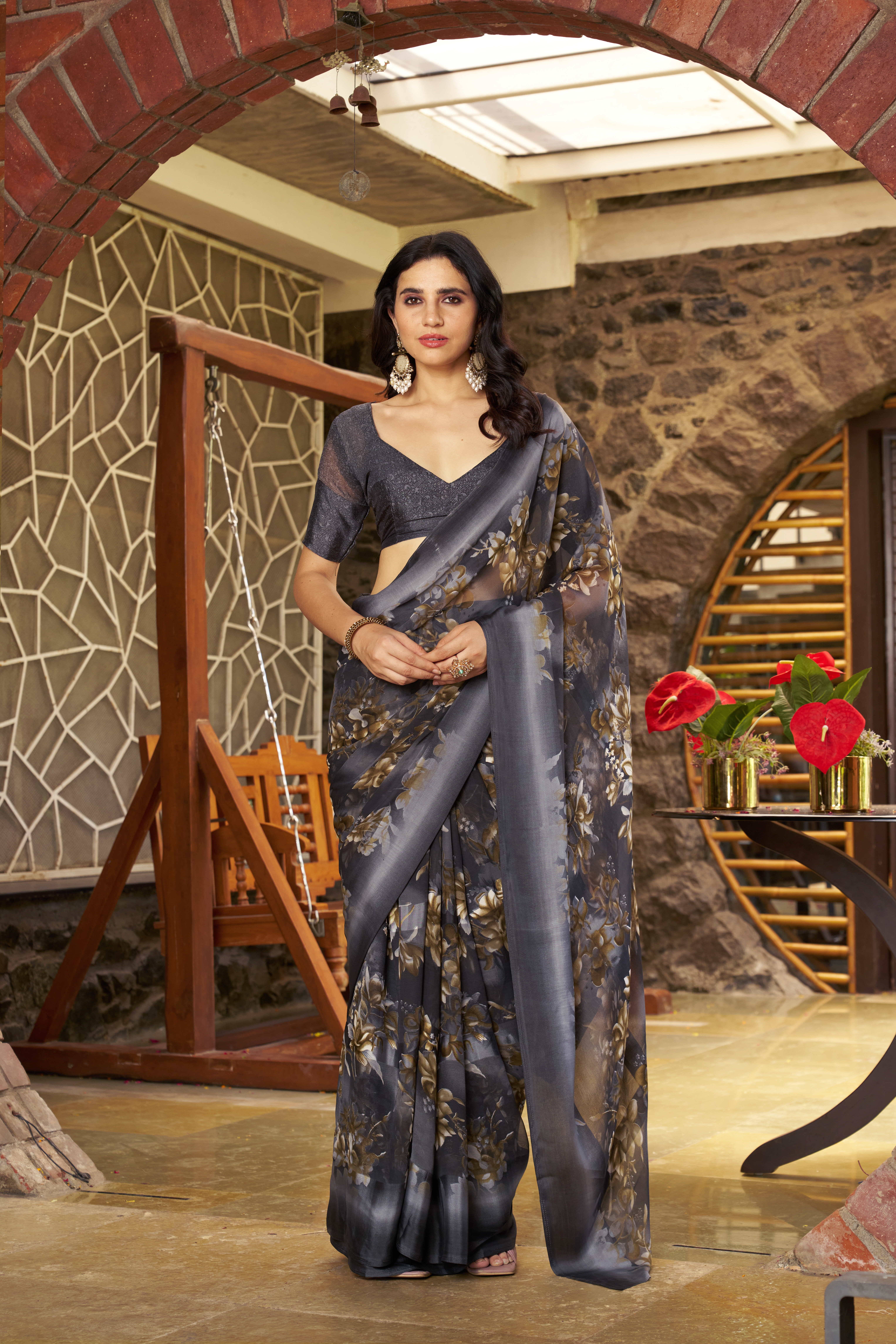 Sitanjali Satin Printed Saree With Unstitched Blouse Piece ( Grey ) Sitanjali Satin Printed Saree With Unstitched Blouse Piece ( Grey )